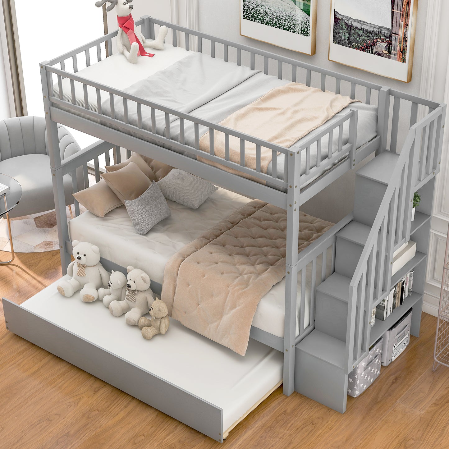 Gray Twin Bunk Bed with Trundle, Storage, and Versatility