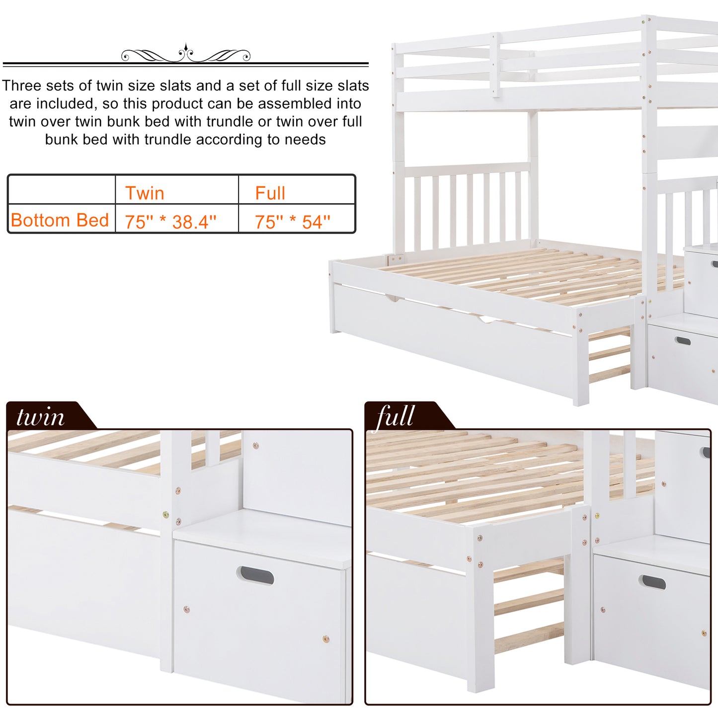 Stairway Bunk Bed with Trundle and Storage Drawers in White