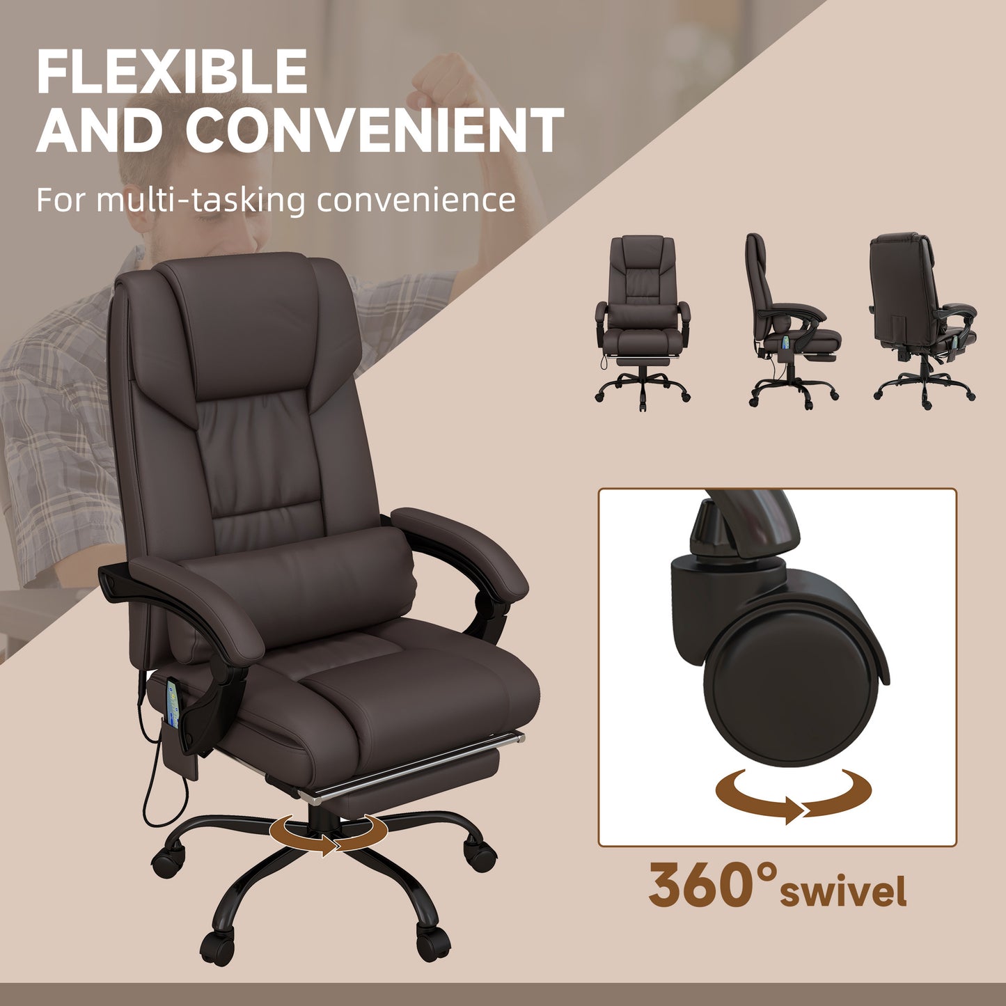 Vinsetto High Back Vibration Massage Office Chair with 6 Points, Hight Adjustable Computer Desk Chair, Reclining Office Chair with Retractable Footrest and Remote, Brown