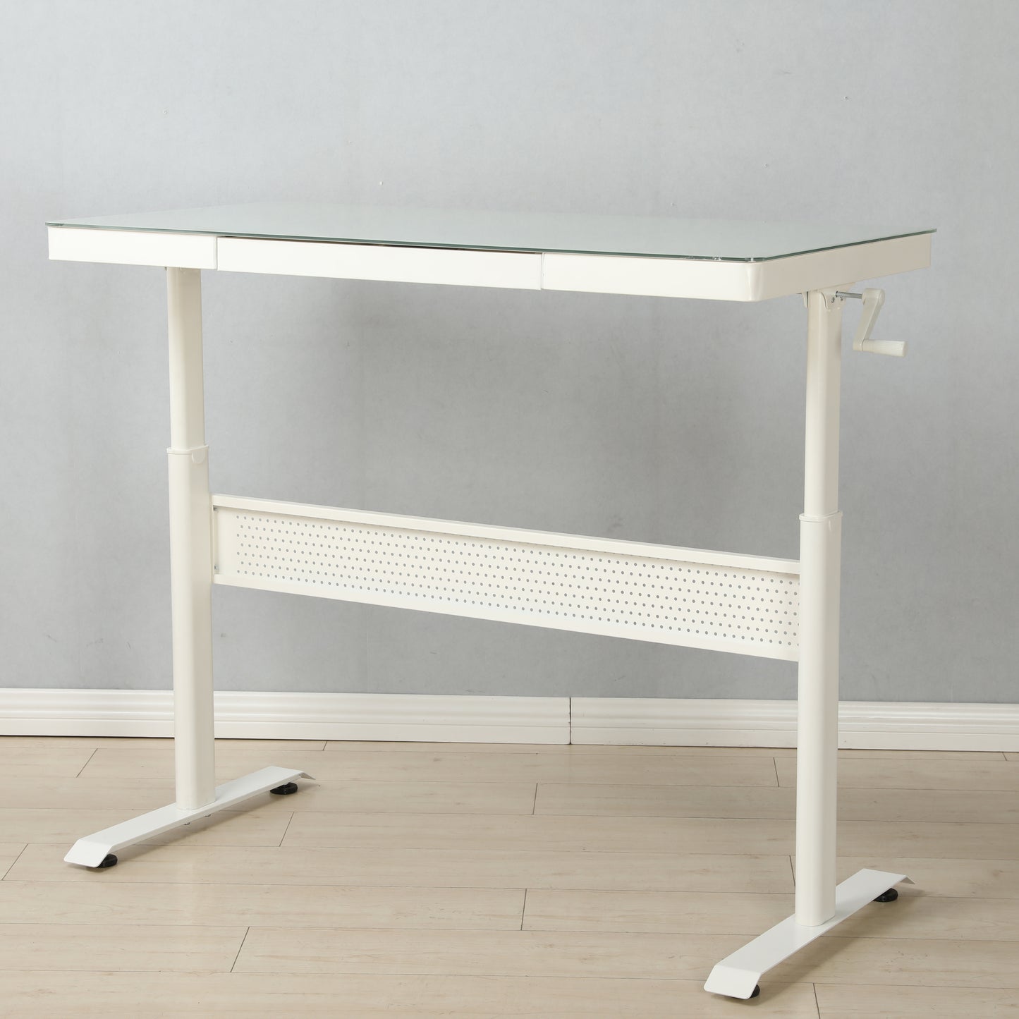 Tempered Glass Standing Desk with Adjustable Height and Metal Drawer