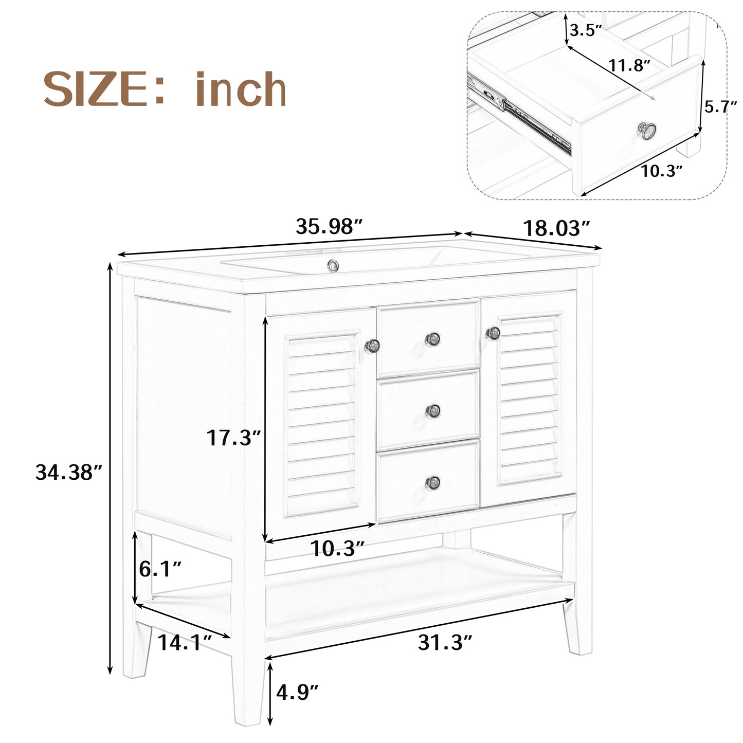 36" Bathroom Vanity with Ceramic Basin, Two Cabinets and Drawers, Open Shelf, Solid Wood Frame, White