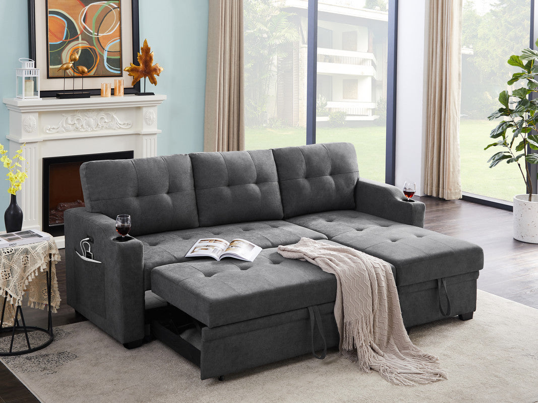 Mabel Dark Grey Fabric Sleeper Sectional with Cupholder, USB Charging Port, and Storage Pocket