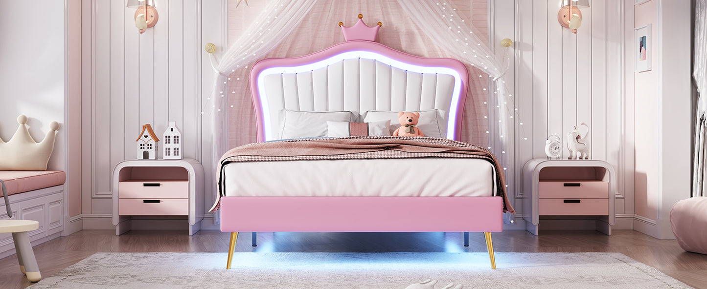 Twin Size Upholstered Bed Frame with LED Lights, Modern Upholstered Princess Bed With Crown Headboard,White+Pink