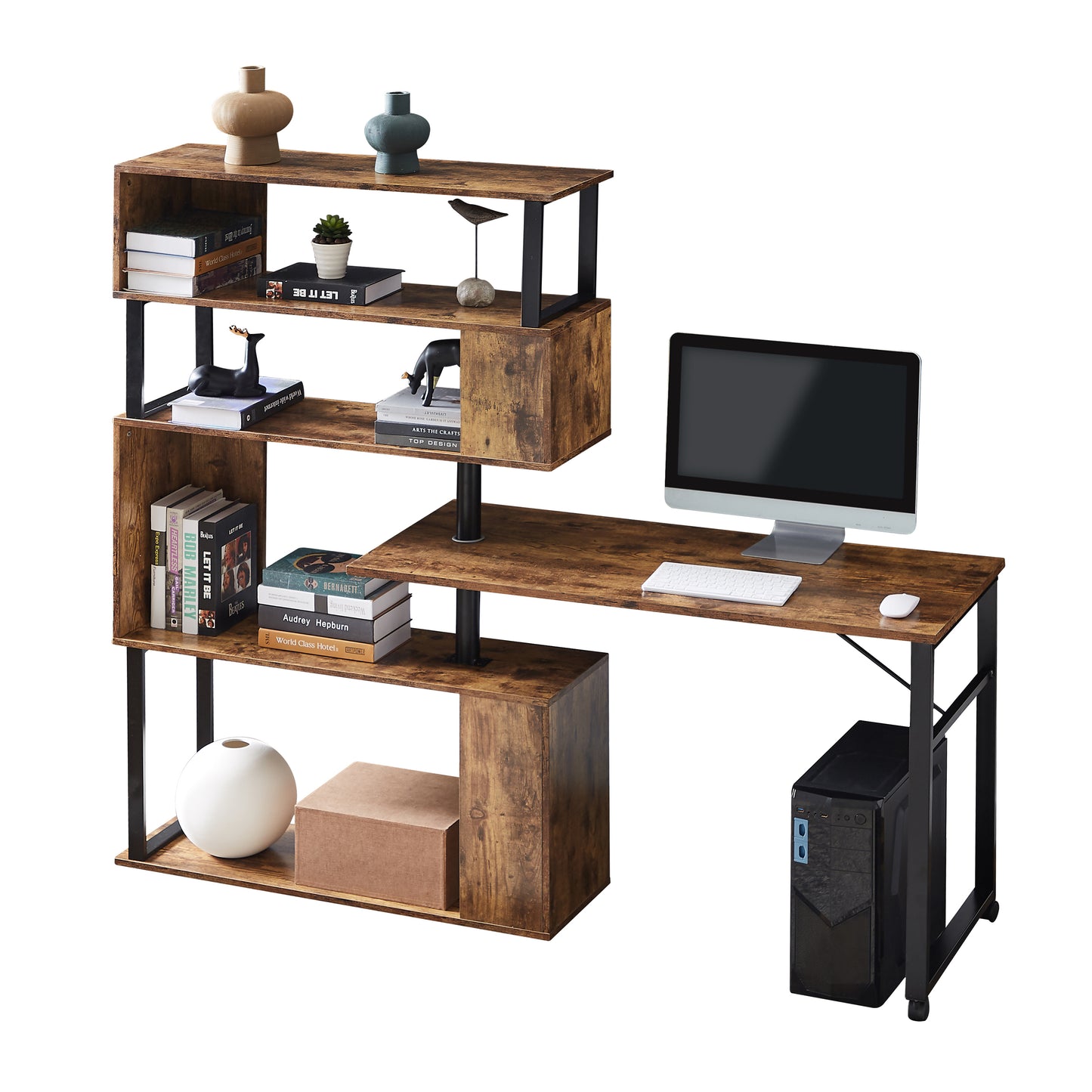 Modern L-Shaped Computer Desk with Rotating Bookshelf - Brown Tiger Wood