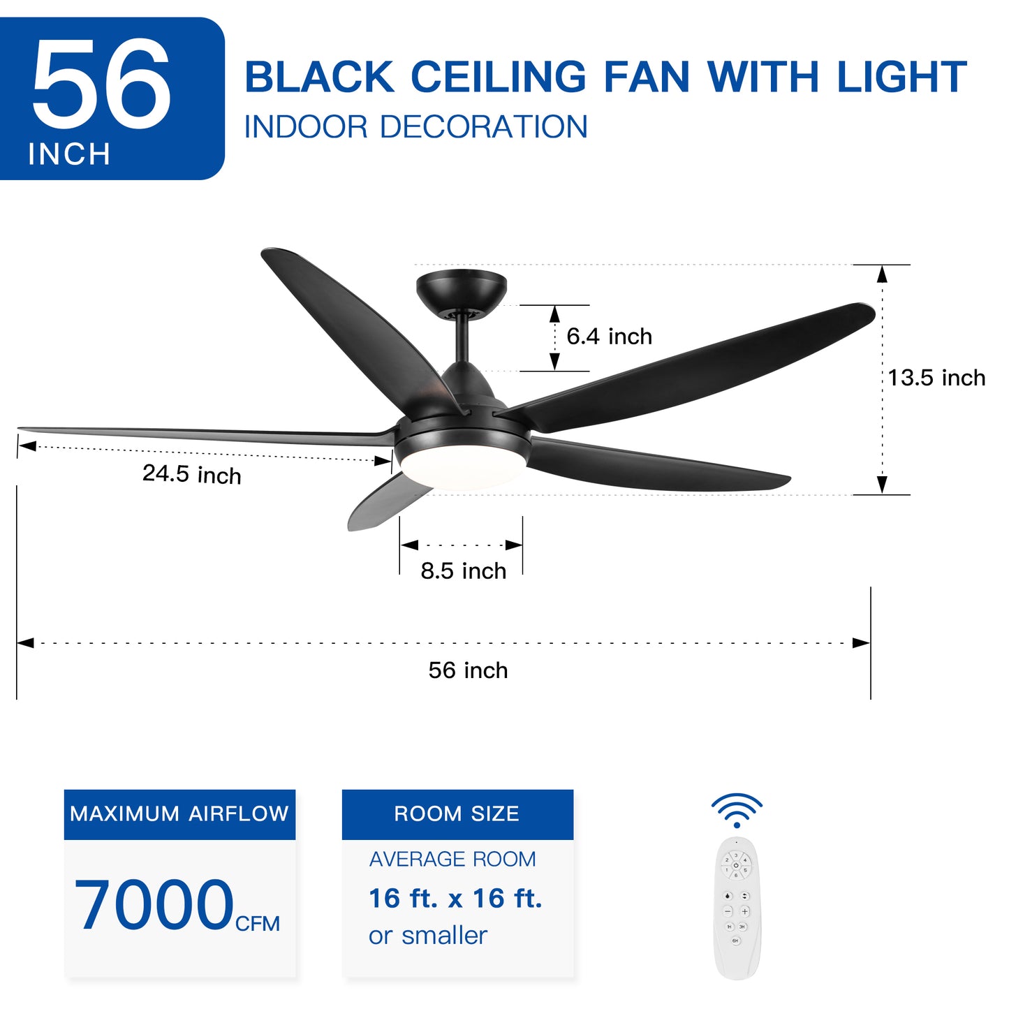 56-Inch Integrated LED Black ABS Blade Ceiling Fan with Lighting