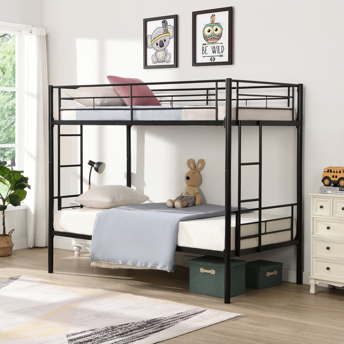 Convertible Twin Over Twin Metal Bunk Bed with 2 Ladders, Guardrail, and Storage Space in Black