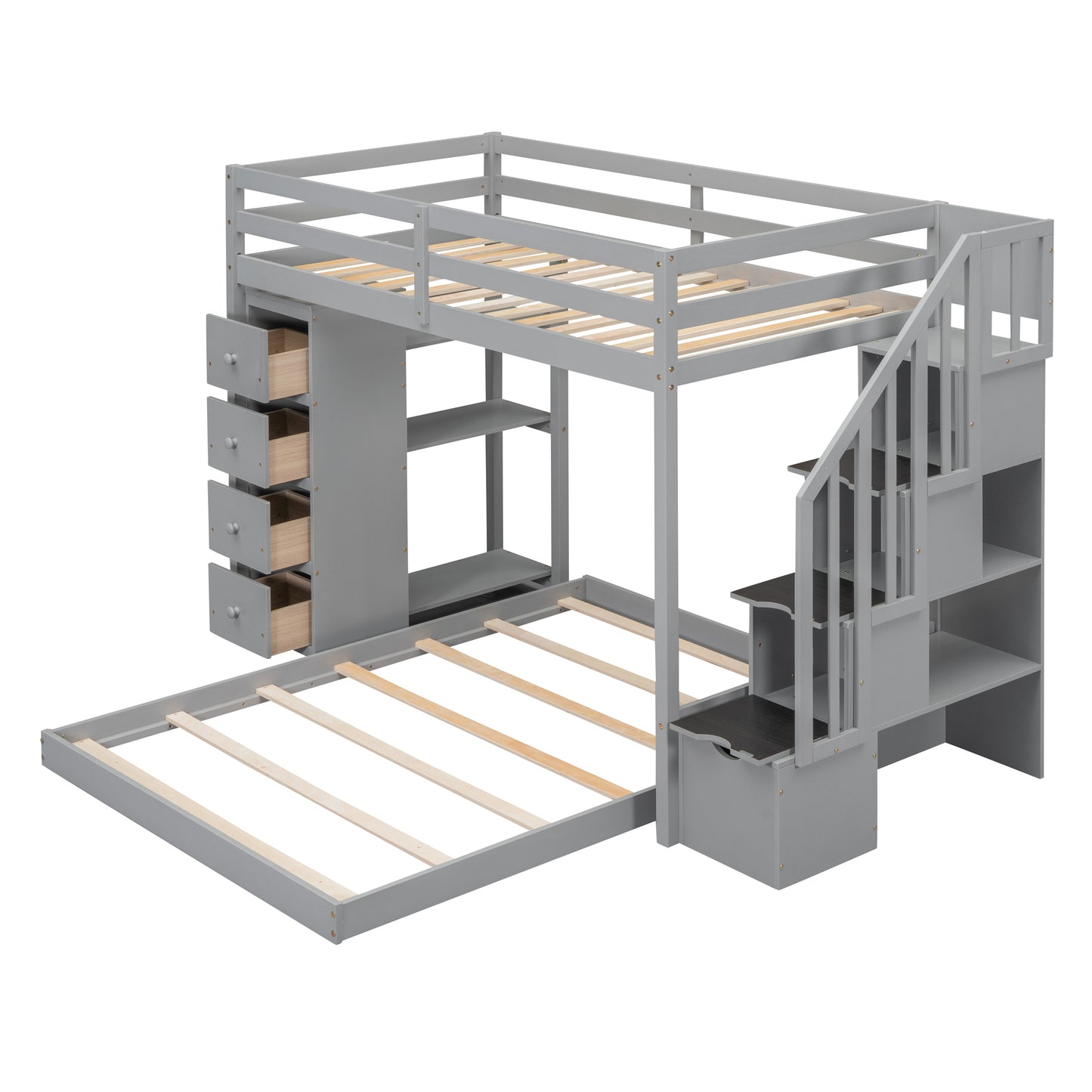 Space-Saving Gray Bunk Bed with Storage Stairs and Versatile Features