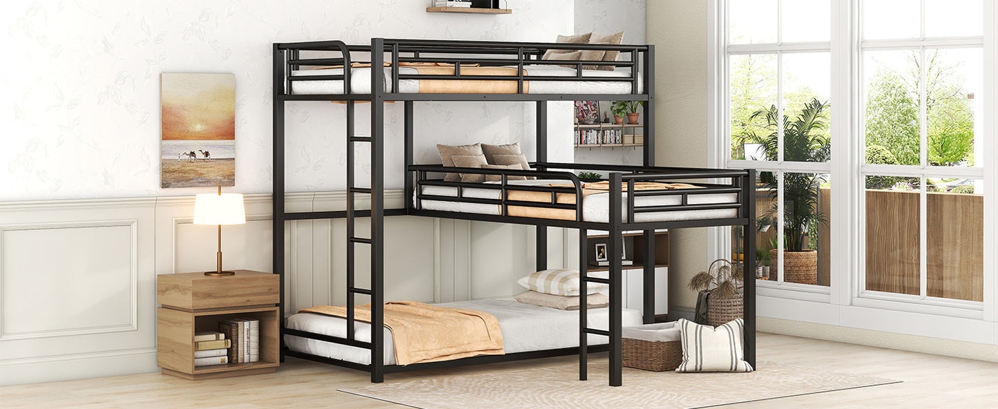 Black Metal Triple Bunk Bed with Desk and L-shaped Design