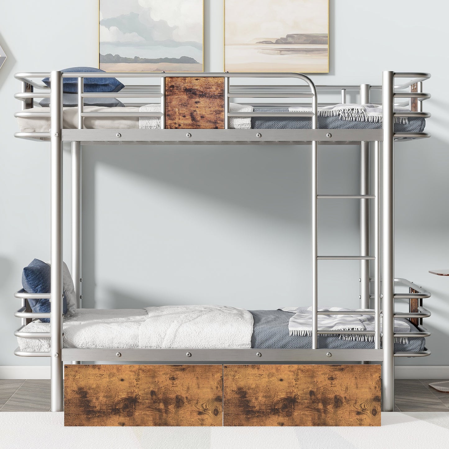 Silver Metal Bunk Bed with Twin XL Storage Drawers and Guardrail