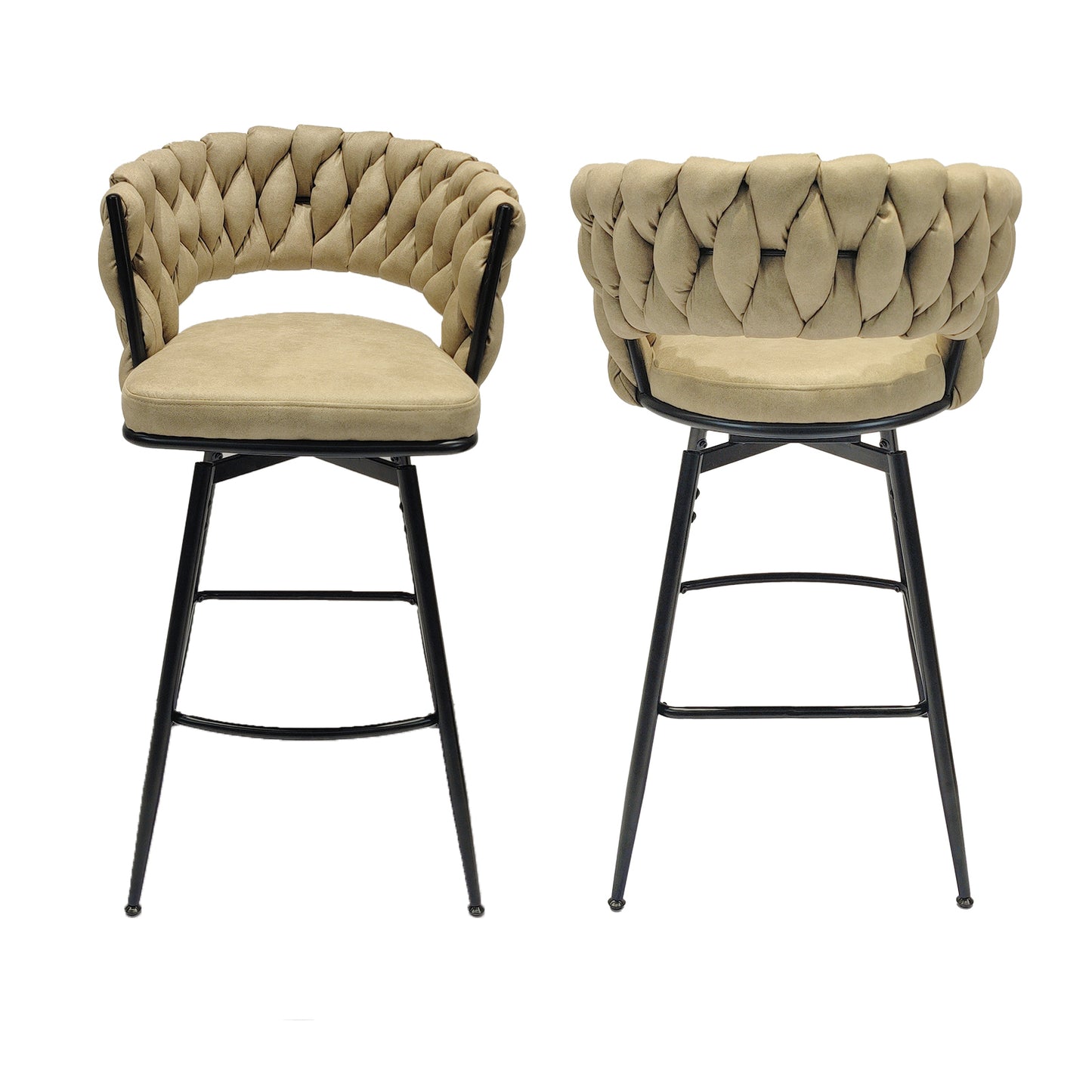 Technical Leather Woven Bar Stool Set of 2,Black legs Barstools No Adjustable Kitchen Island Chairs,360 Swivel Bar Stools Upholstered Counter Stool Arm Chairs with Back Footrest, (Light Brown)