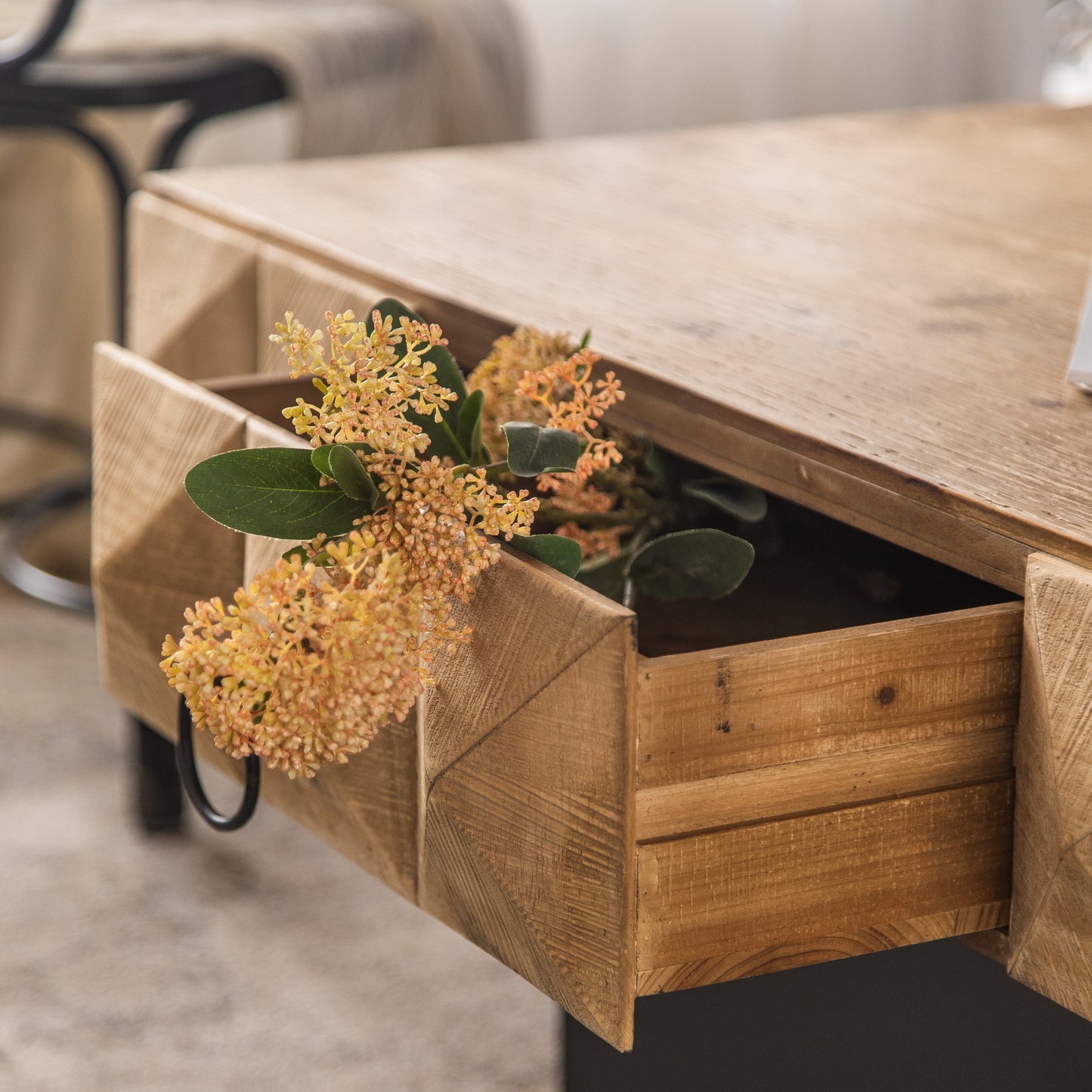 Square Vintage Coffee Table with 3D Embossed Pattern, Drawers, and Solid Wood Base