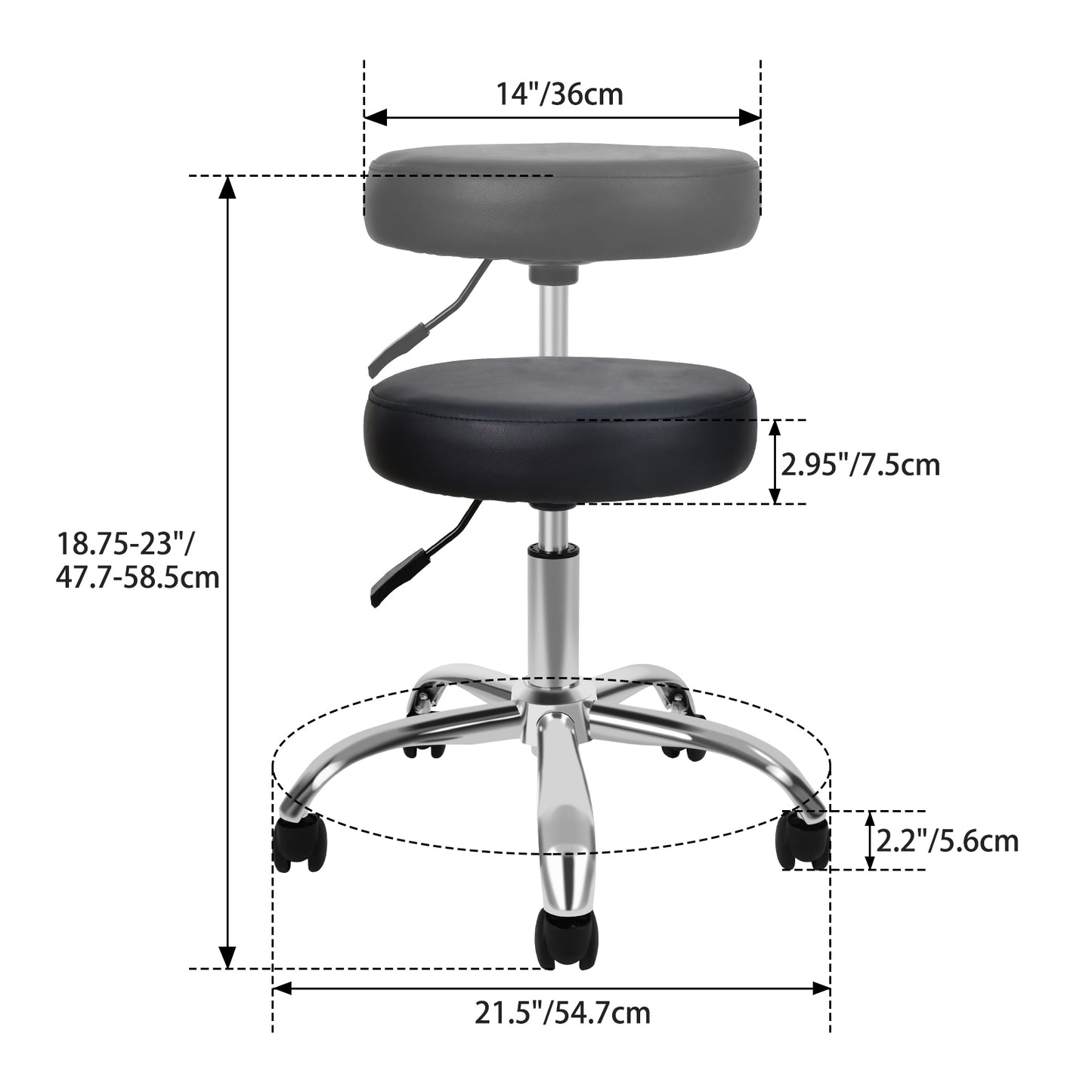 Round Stool Chair with Wheels Height Adjustable, Black