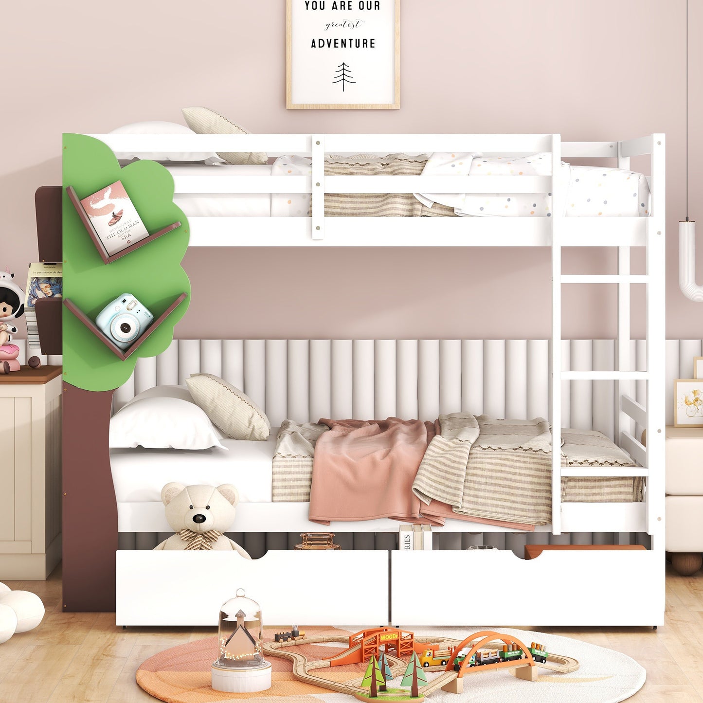 White Twin Bunk Bed with Tree Design and Storage Drawers