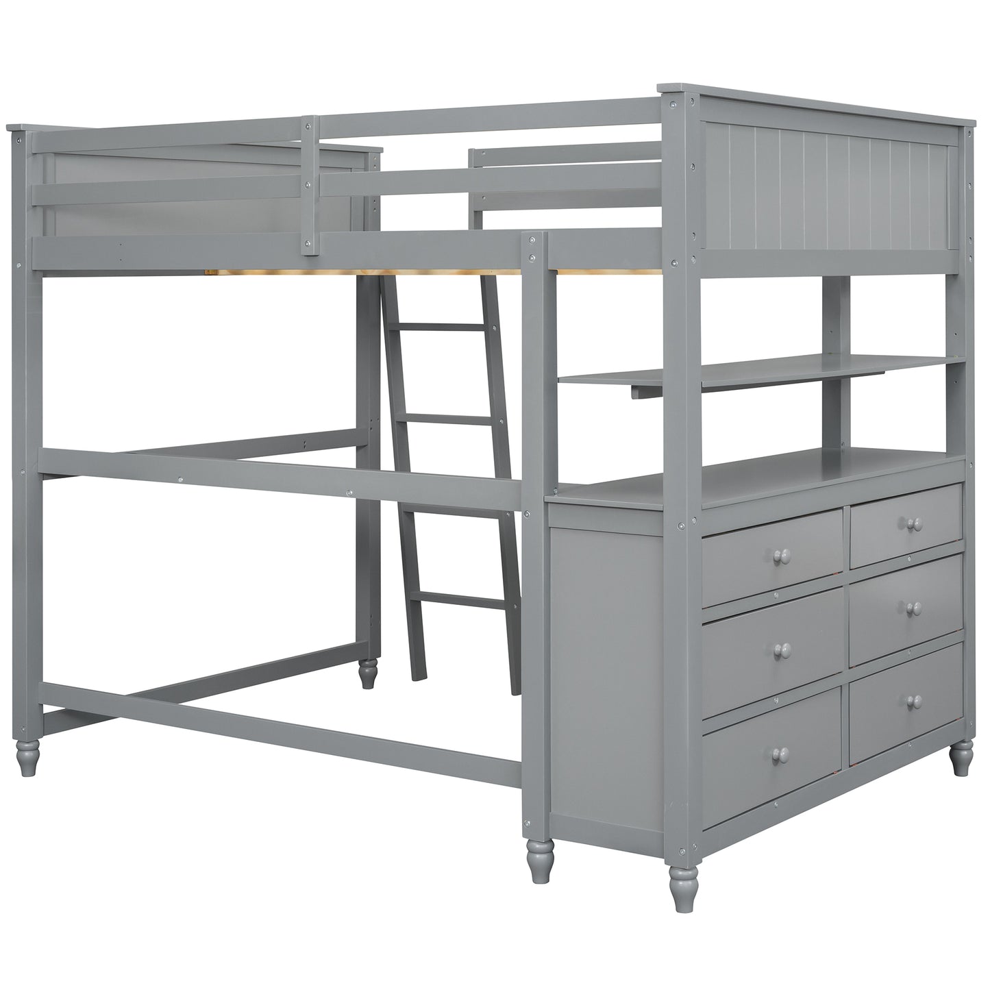 Full size Loft Bed with Drawers and Desk, Wooden Loft Bed with Shelves - Gray