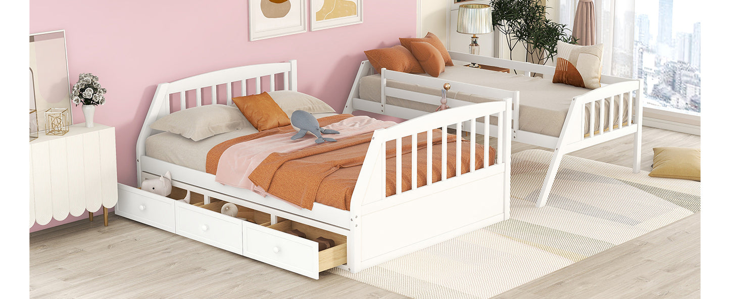 White Bunk Bed with Drawers, Ladder, and Storage Staircase for Twin and Full Sizes