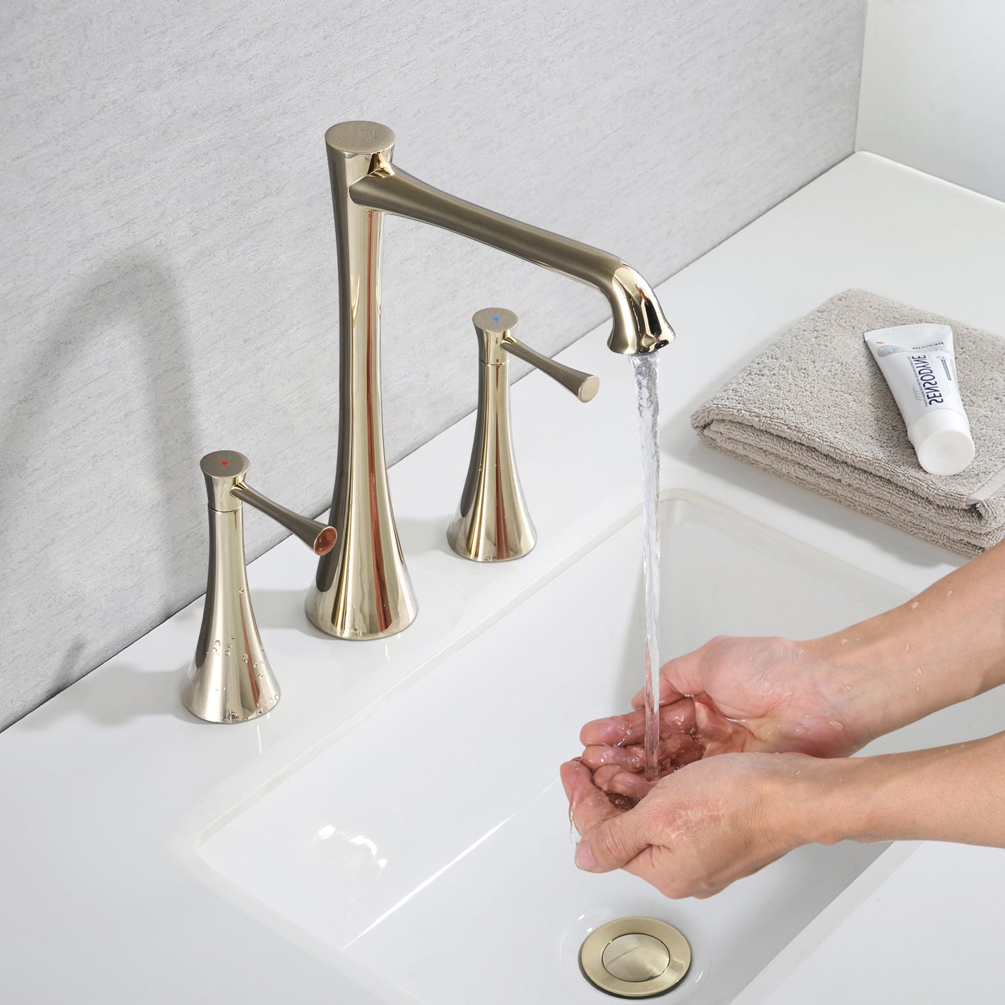 Elegant Gold Widespread Bathroom Faucet with 2 Handles and Drain Assembly