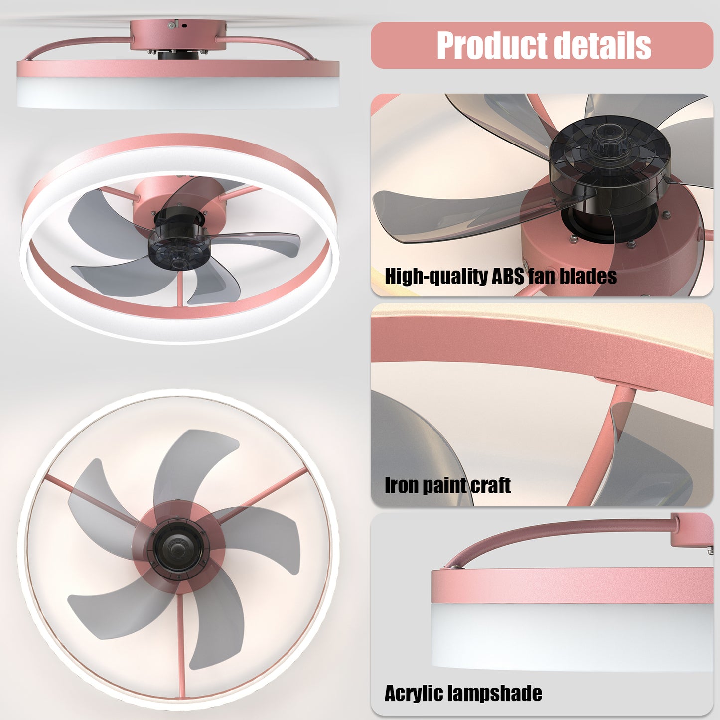 Pink Dimmable LED Ceiling Fan with Modern Design and Silent Operation