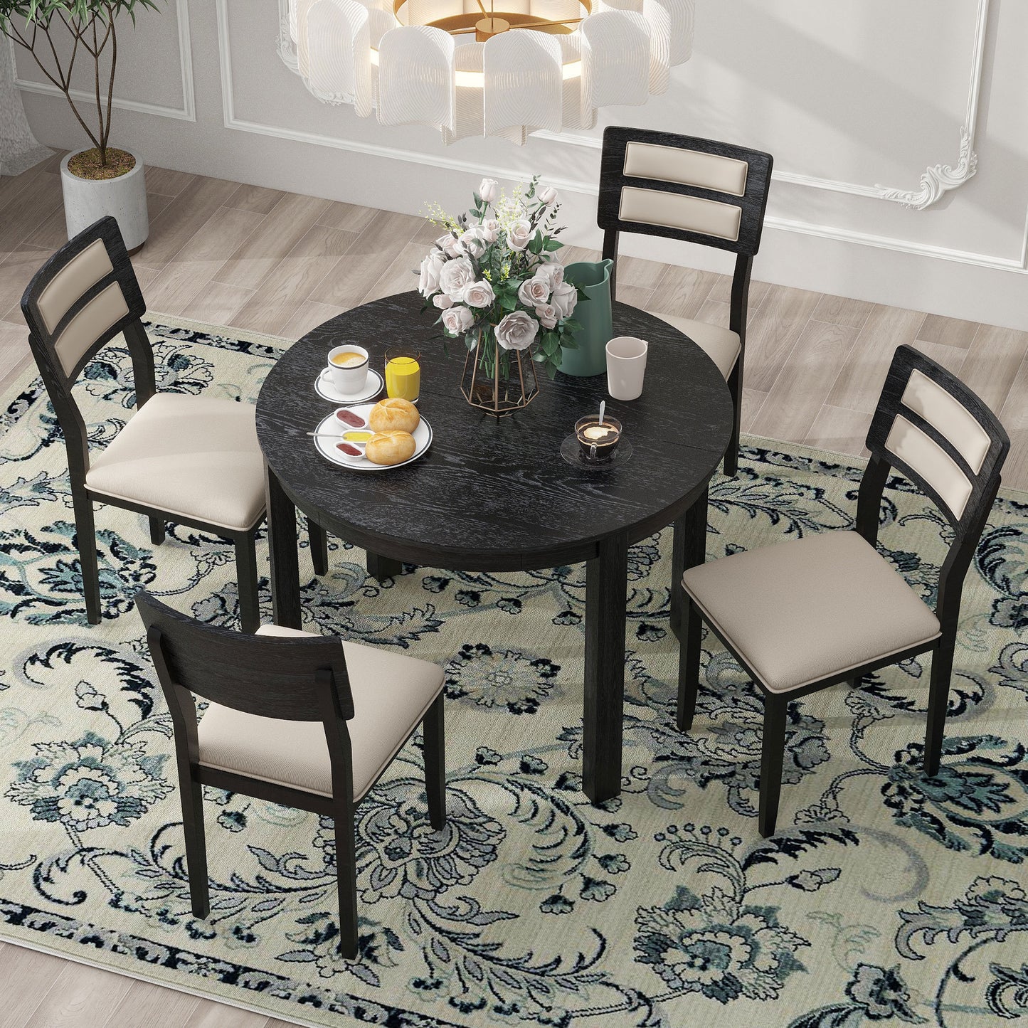 TREXM 5-Piece Multifunctional Dining Table Set, Farmhouse Dining Set with Extendable Round Table,Two Small Drawers and 4 Upholstered Dining Chairs for Kitchen and Dining Room (Black)