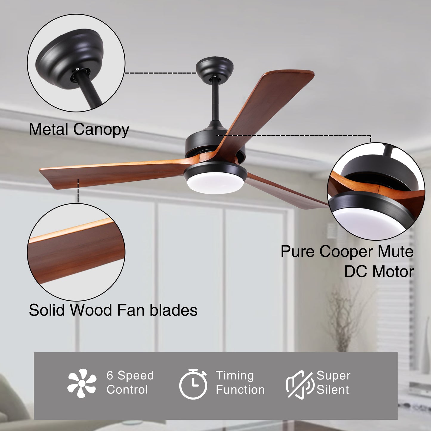 52 Natural Wood Ceiling Fan with Reversible Blades, Remote Control, and 6-Speed DC Motor