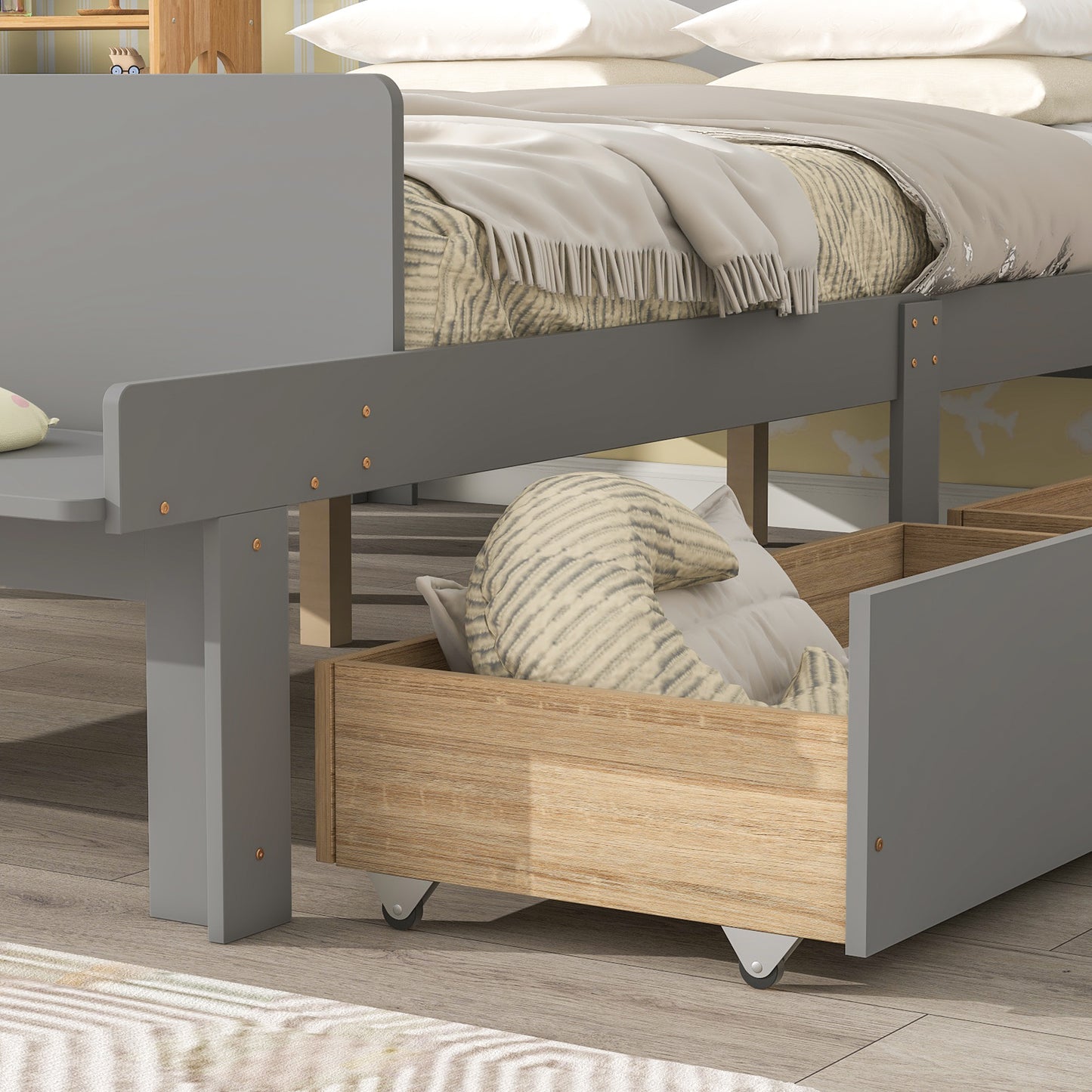 Full Bed with Footboard Bench,2 drawers,Grey