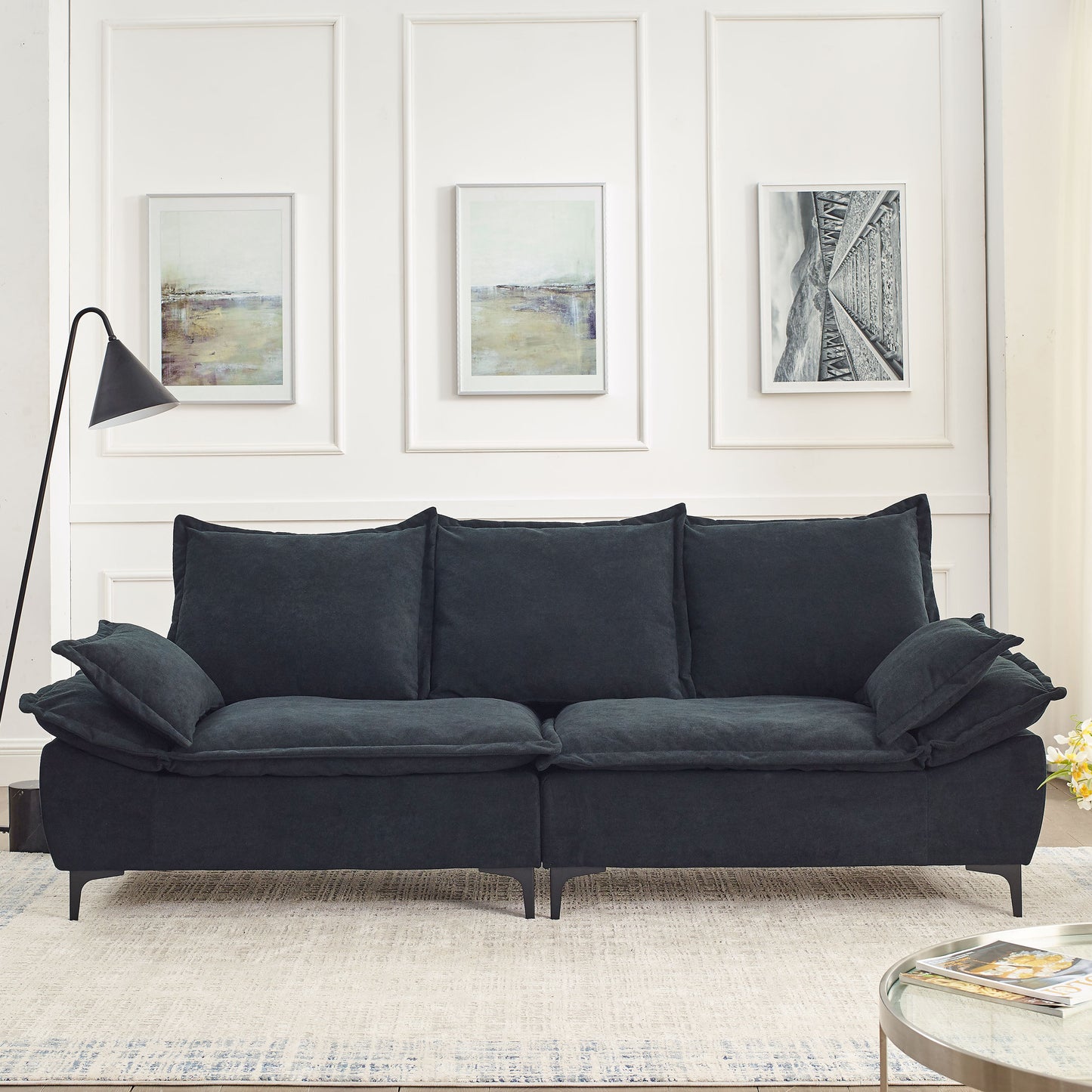 [video] MH" 88.5  Modern Sailboat Sofa Dutch Velvet 3-Seater Sofa with Two Pillows for Small Spaces in Living Rooms, Apartments