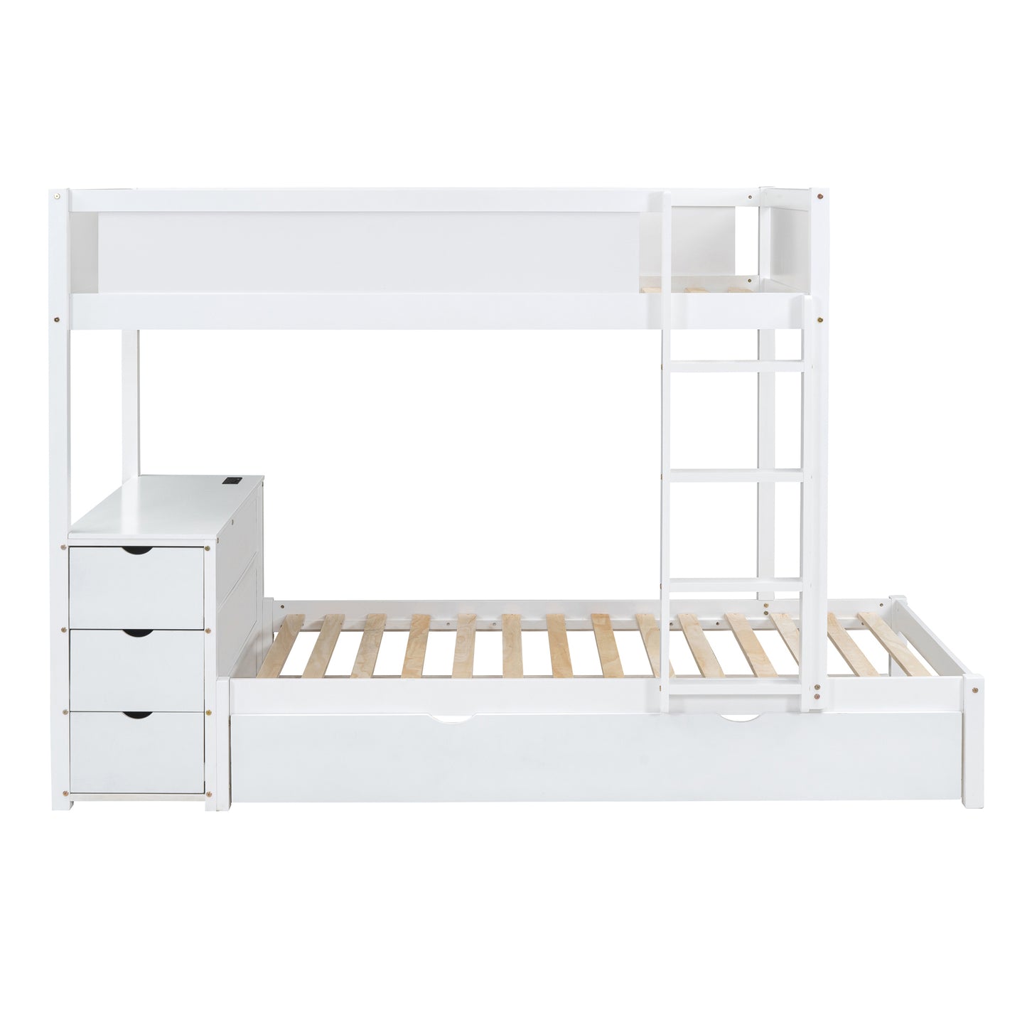 Twin Loft Bed with Trundle, Storage, Desk, and USB Outlets, White