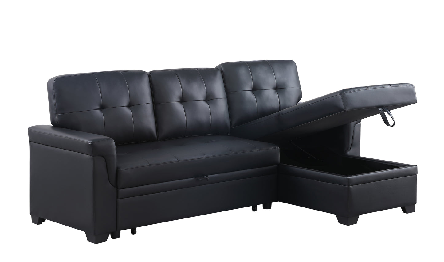 Lexi Modern Black Vegan Leather Sectional Sofa with Sleeper and Storage Chaise