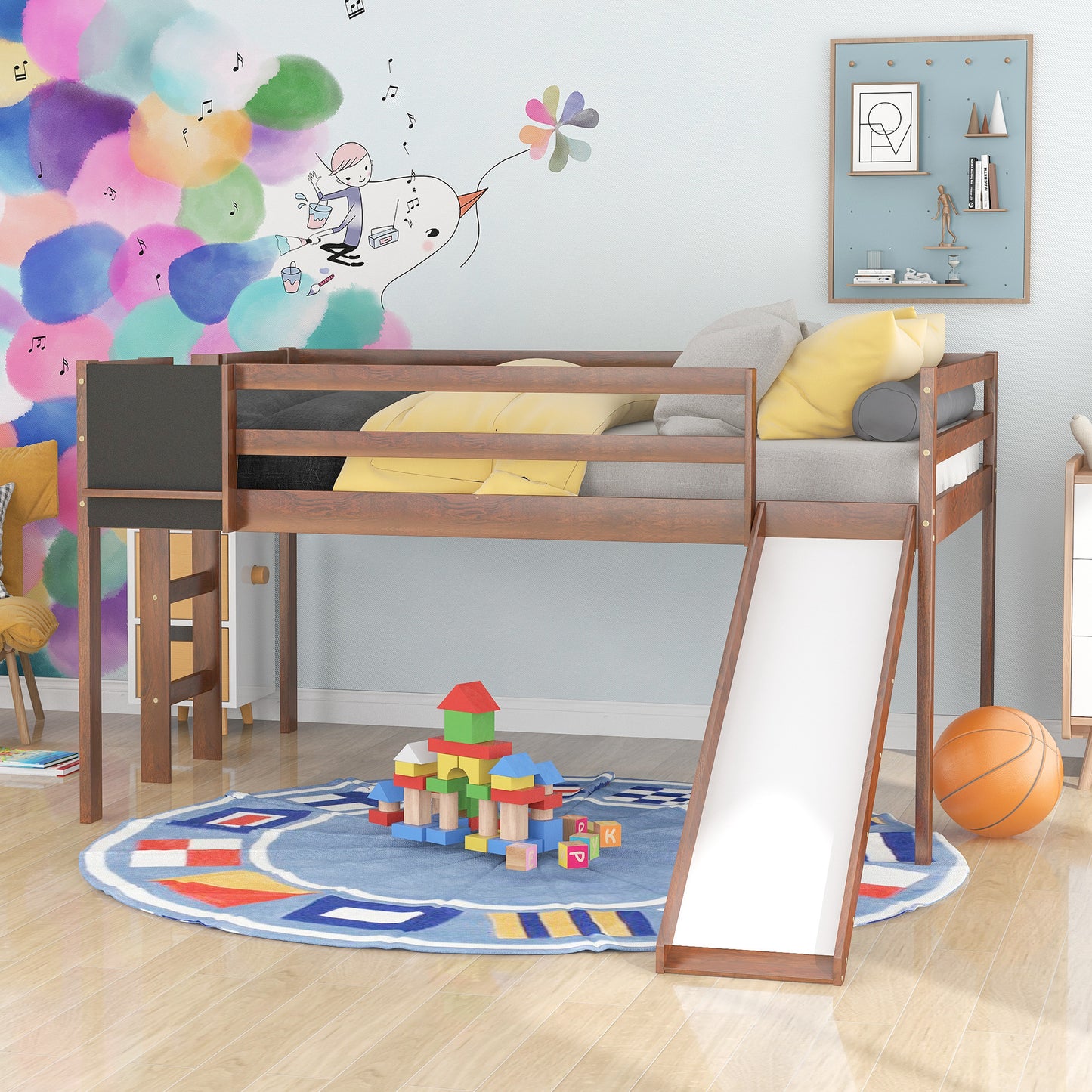 Full size Loft Bed Wood Bed with Slide, Stair and Chalkboard,Walnut