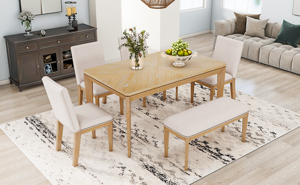 6-Piece Dining Table Set with Upholstered Dining Chairs and Bench,Farmhouse Style, Tapered Legs, Natural+Beige