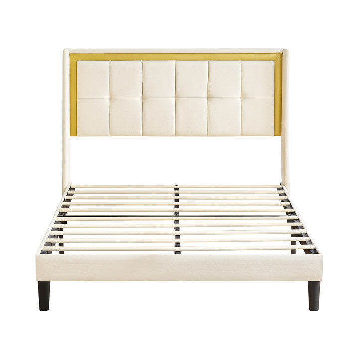 Full Size Upholstered bed with headboard, sturdy wooden slats, high load-bearing capacity, non-slip and noiseless, no springs, easy to assemble, beige