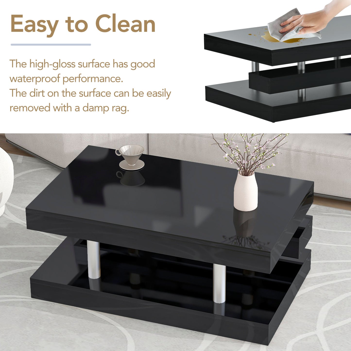 Black Contemporary 2-Tier Coffee Table with Sleek Metal Legs and High-Gloss UV Surface