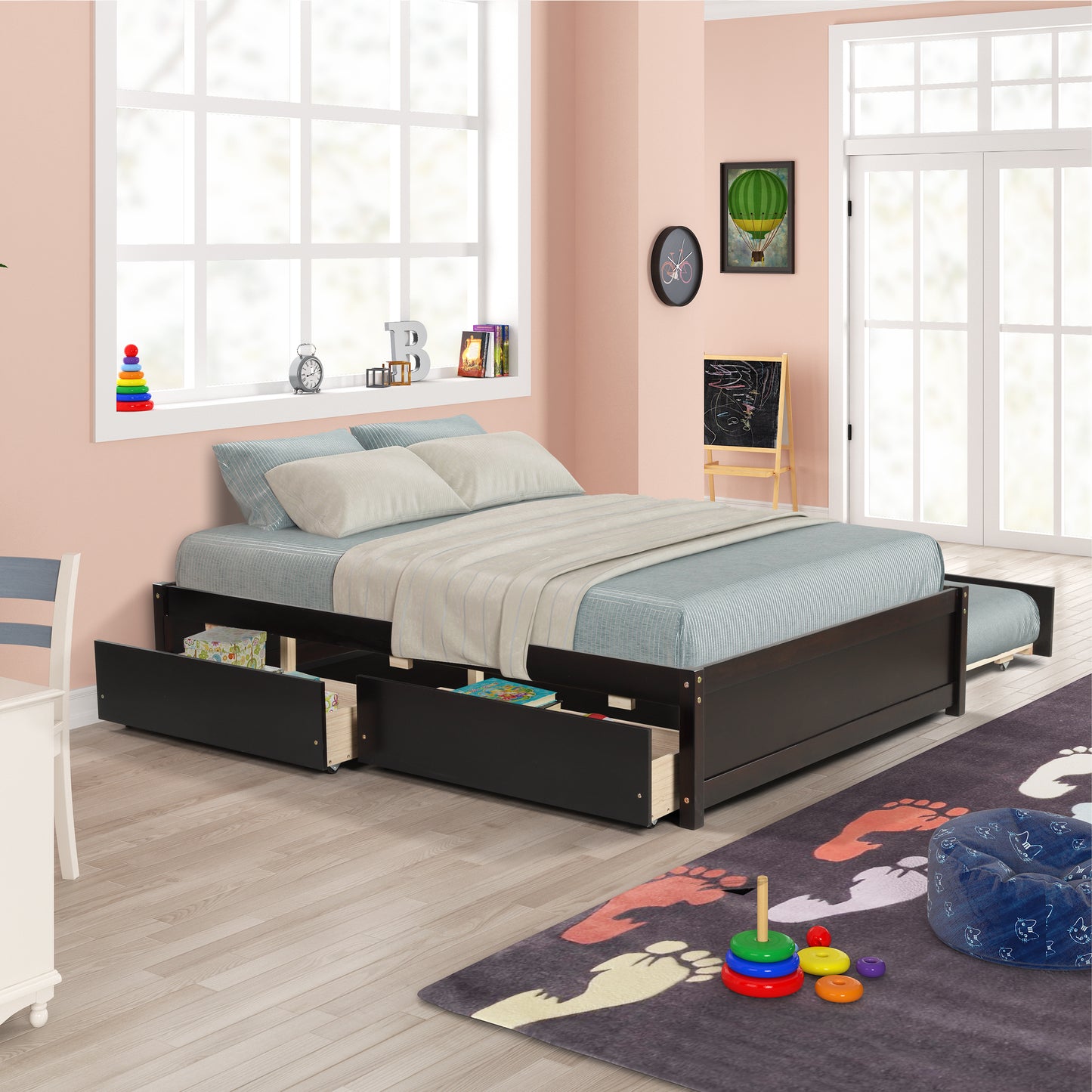 FULL BED WITH TWIN SIZE TRUNDLE AND TWO DRAWERS FOR ESPRESSO COLOR