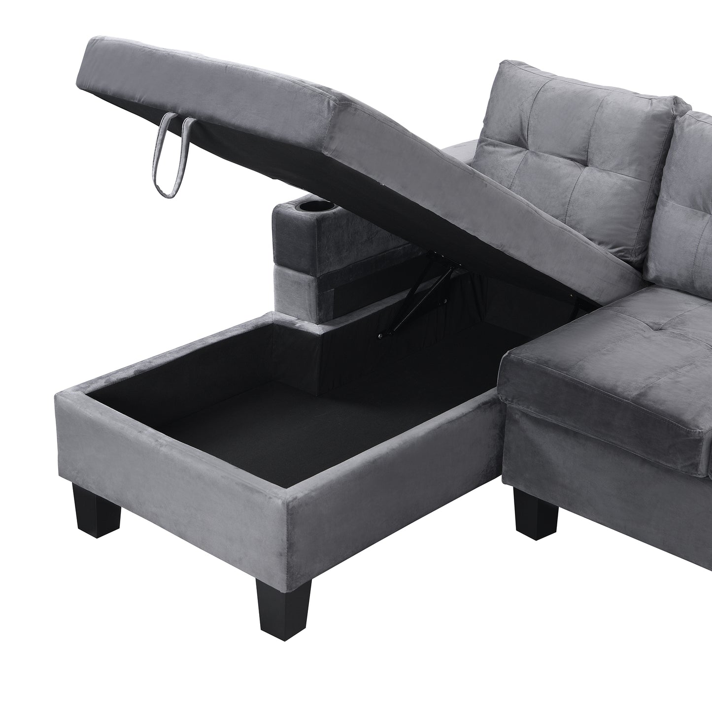 Sectional Sofa Set for Living Room with L Shape  Chaise Lounge ,cup holder and  Left  Hand with Storage Chaise  Modern 4 Seat (Grey) 
-LEFT CHAISE WITH STORAGE