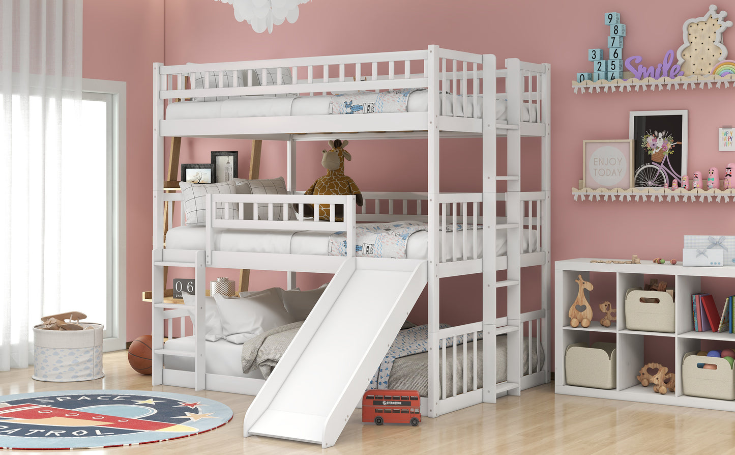 Three-Tier Bunk Bed with Versatile Sleeper Options, Slide, and Ladder, White