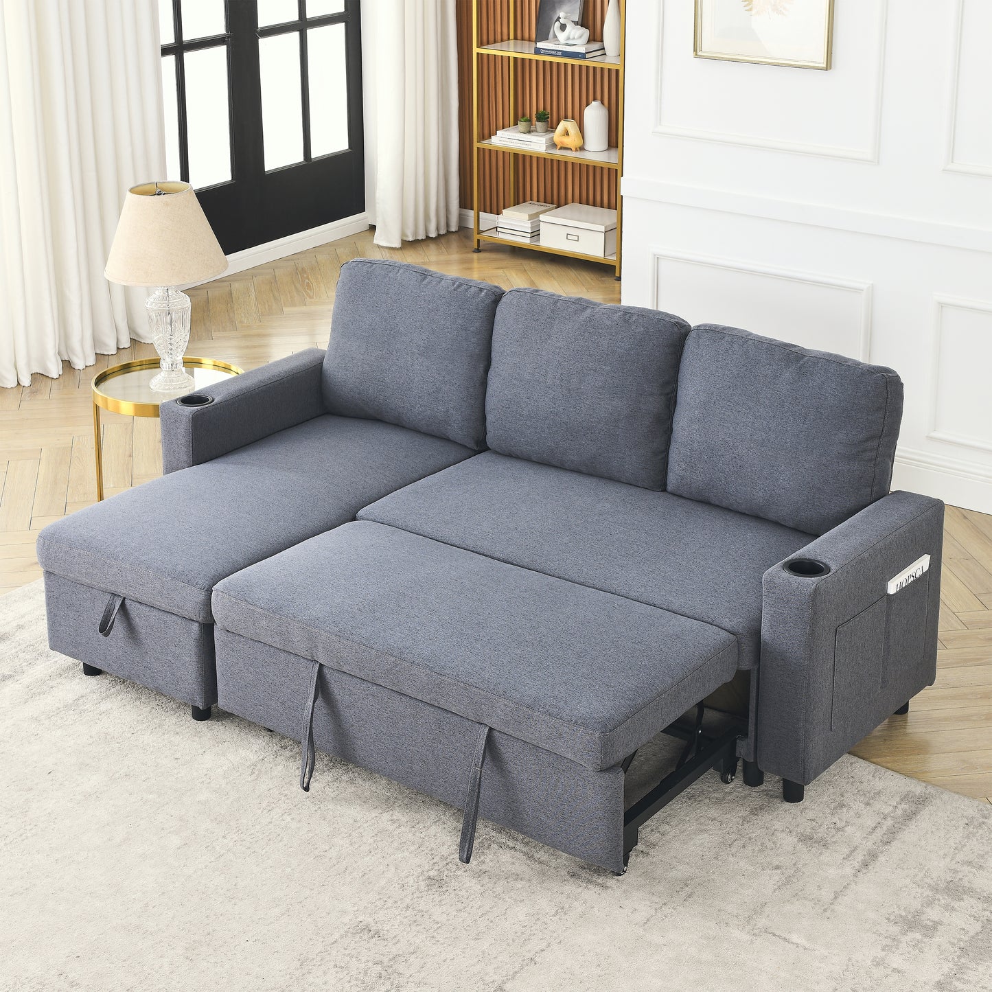 FX78.7"Comfortable Linen L-Shaped Combo Sofa Sofa Bed, Living Room Furniture Sets for Tight Spaces, Reversible Sleeper Combo Sofa with Pullout Bed,Reversible Sofa Bed for Living Room, Office, Apartmen