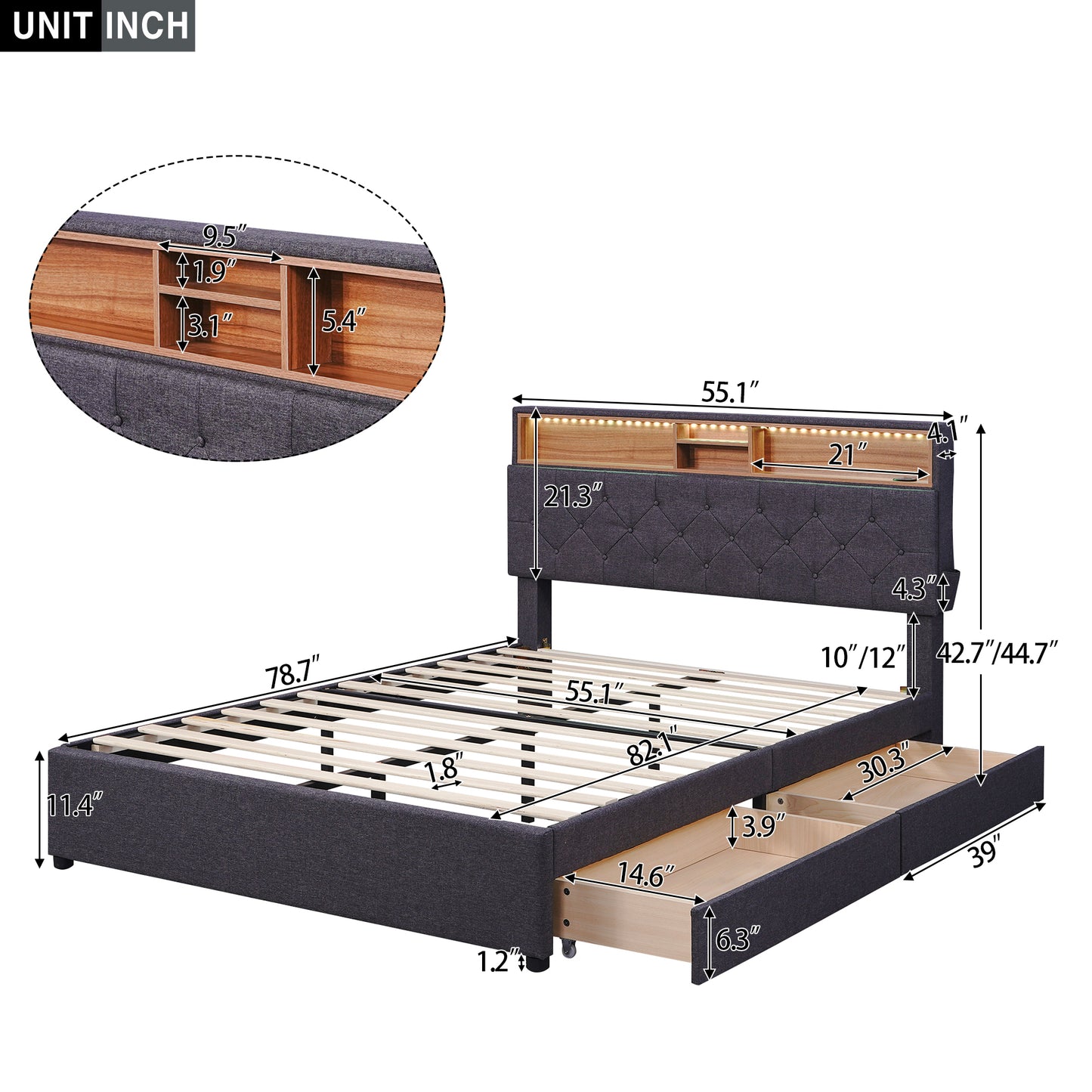 Full Size Upholstered Platform Bed with Storage Headboard, LED, USB Charging and 2 Drawers, Dark Gray