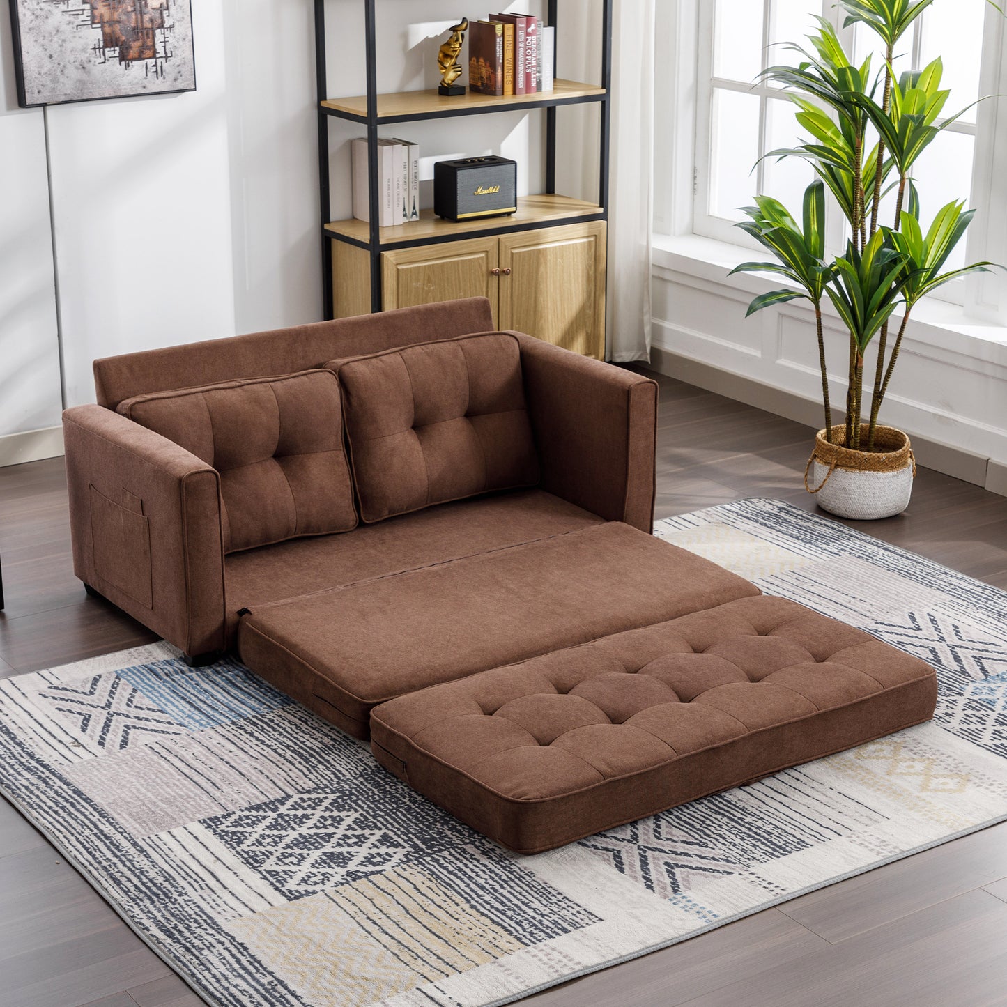 59.4 Pull-Out Loveseat Sofa Bed with Side Pocket, Brown Chenille Upholstered Couch