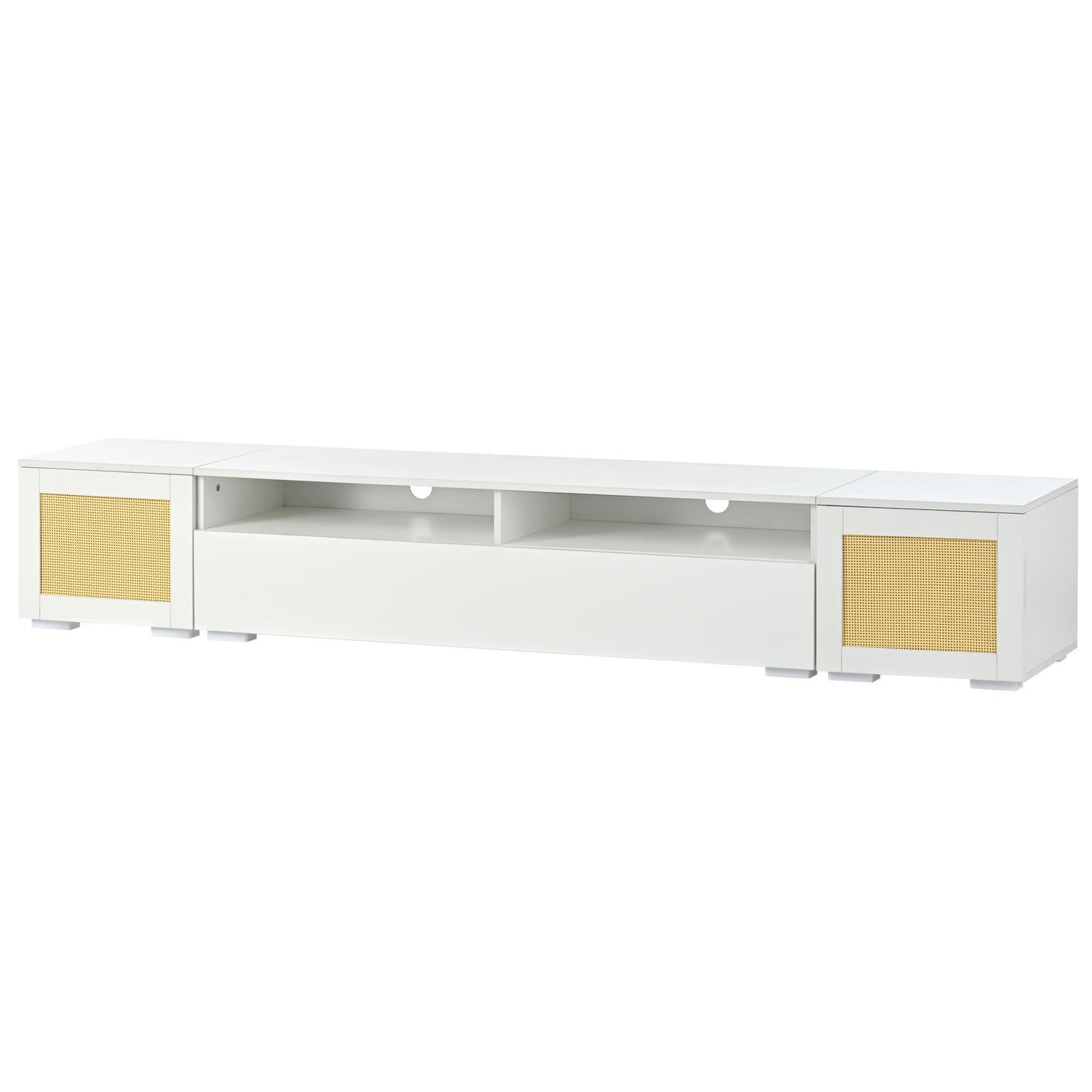 Modern White LED Entertainment Center with Rattan Style Accents and Color Changing Lights