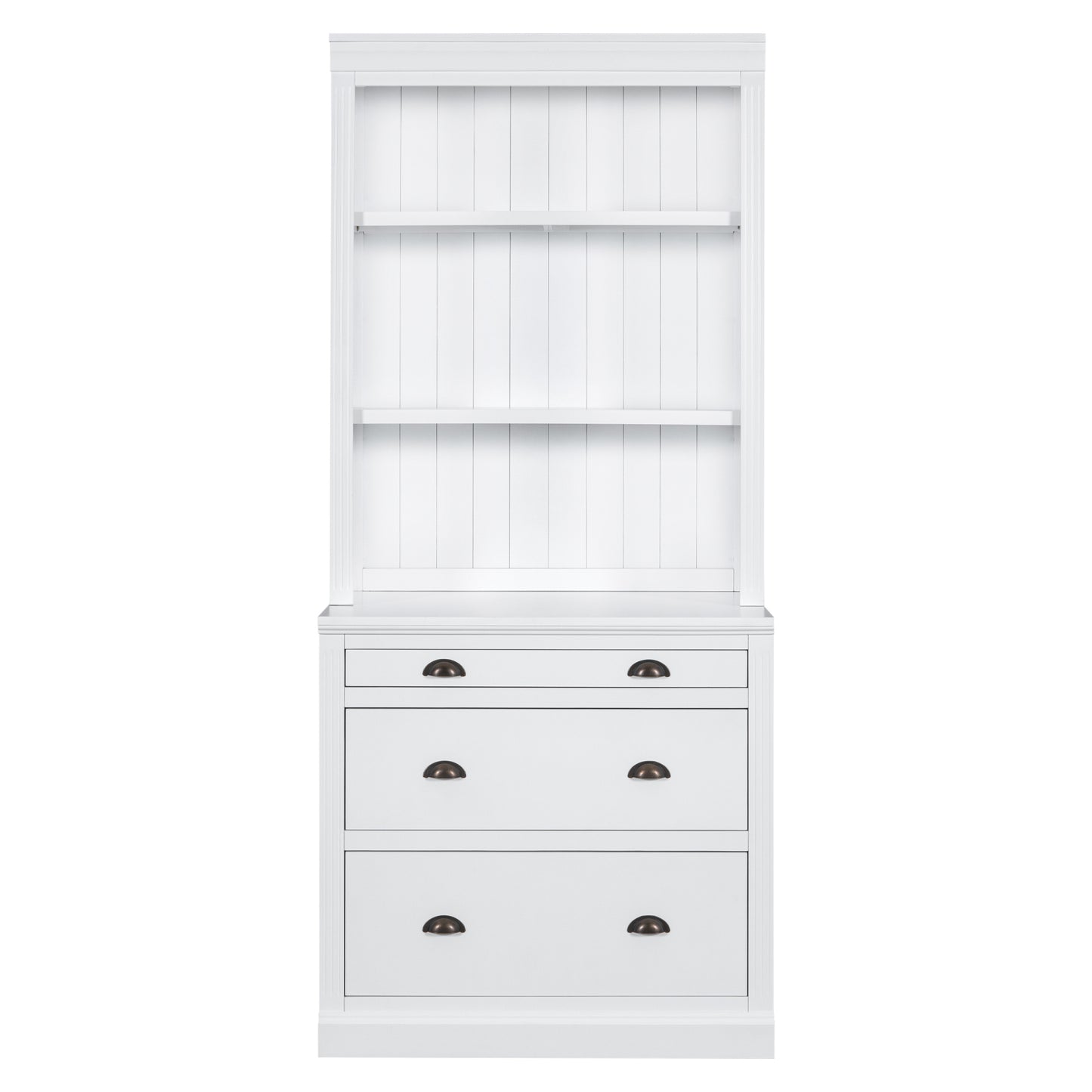 Modern White 83.4 Bookshelf and Writing Desk Suite with LED Lighting and Drawers