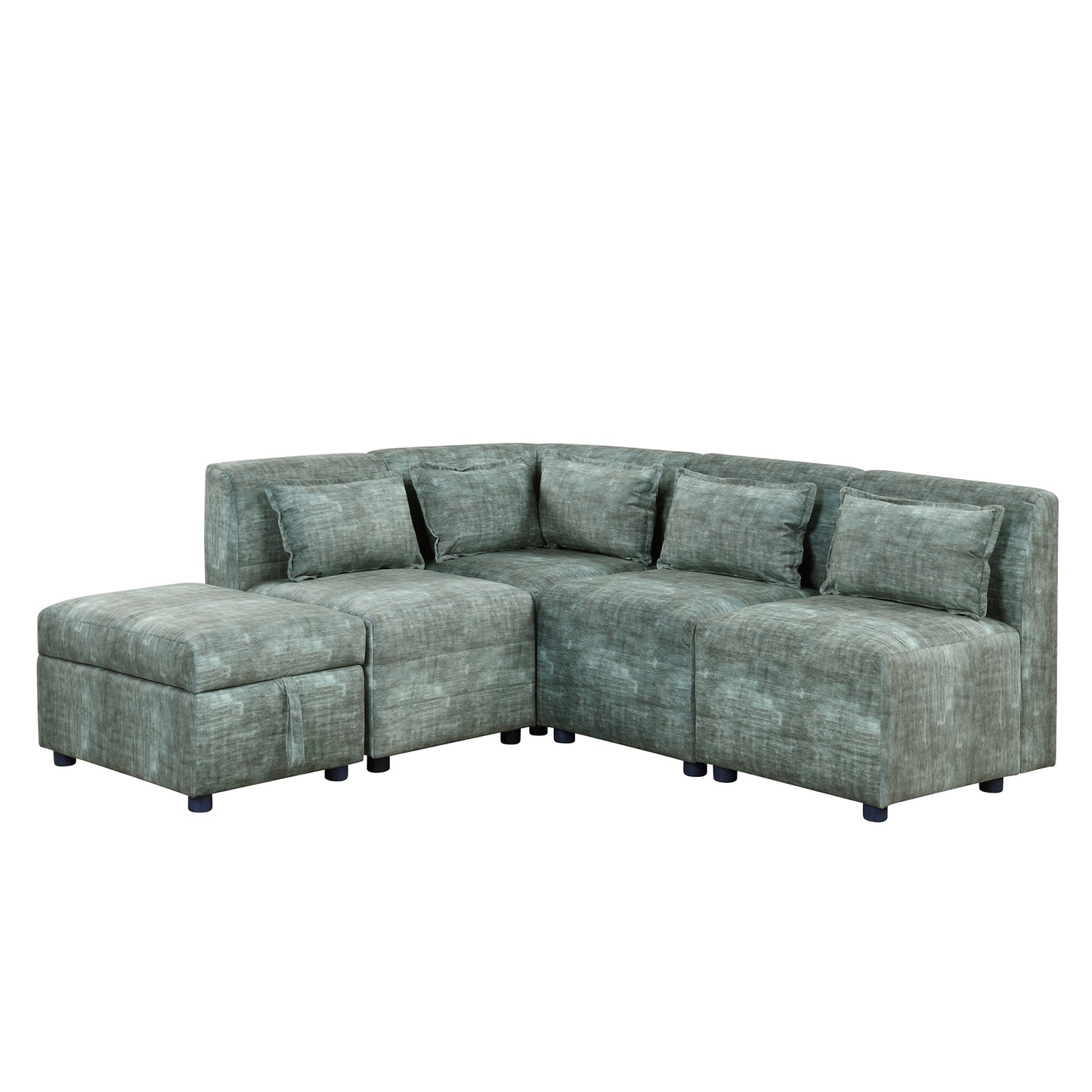 Endless Lounge Creations: Free-Combined Blue-Green Sectional Sofa with Storage Ottoman and 5 Pillows