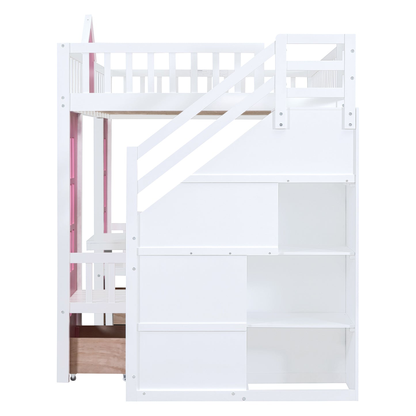 Pink Full-Over-Full Bunk Bed with Multi-Functional Table