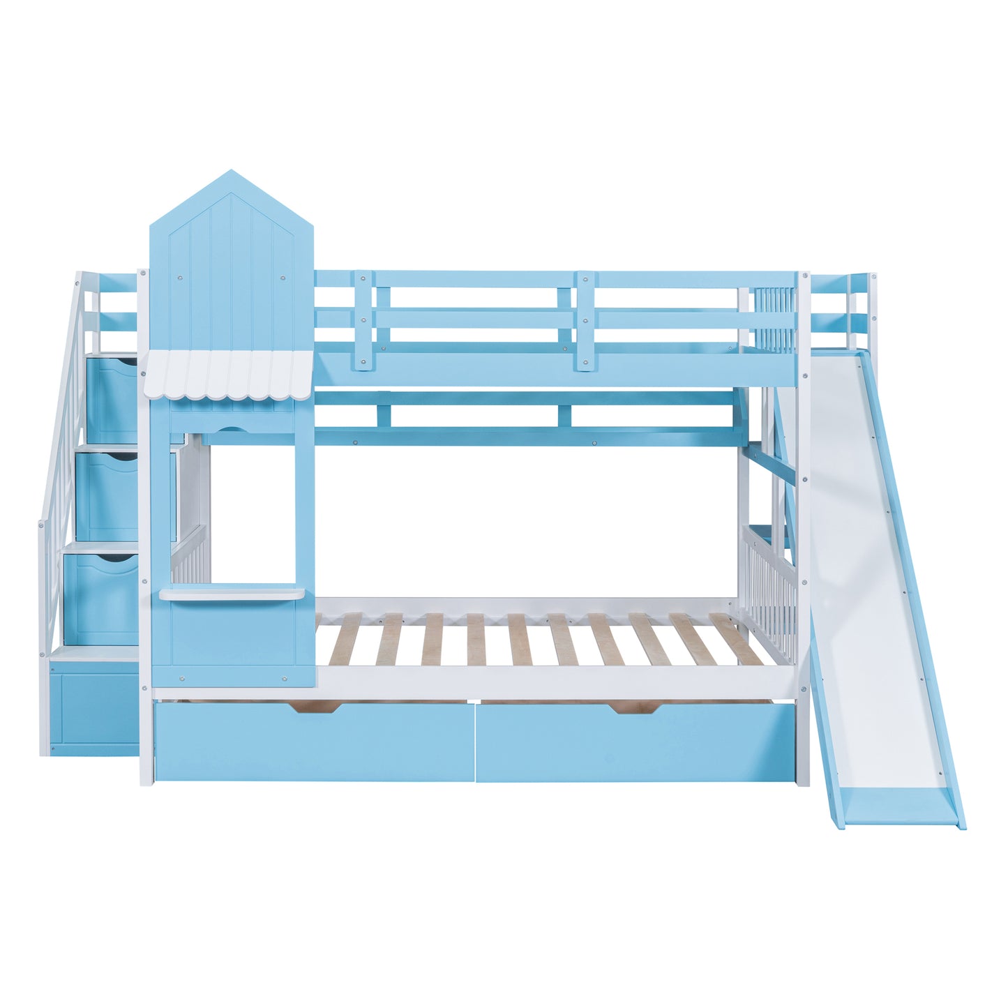 Blue Castle-Themed Full Bunk Bed with Slide, Storage, and Whimsical Charm