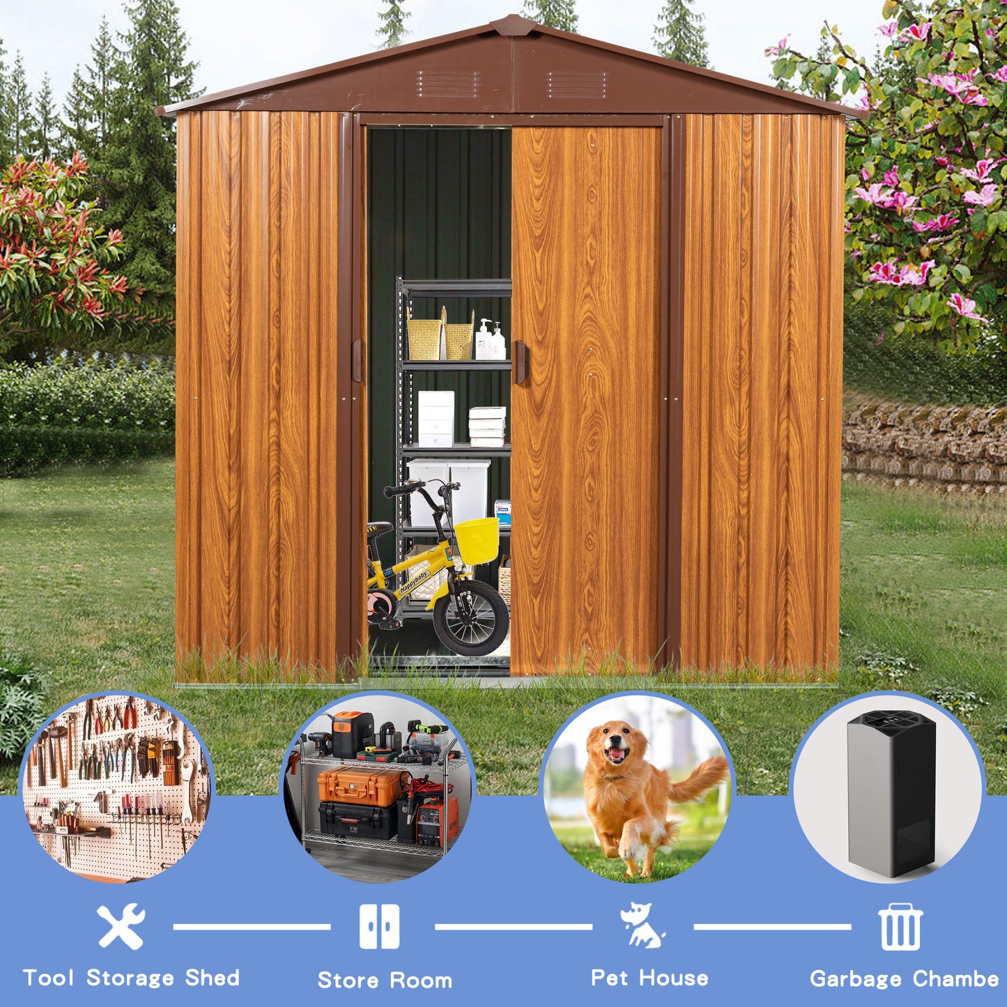 6 Ft. W X 6 Ft. D Metal Storage Shed Appealing horizontal siding  in woodgrain with coffee trim to complement