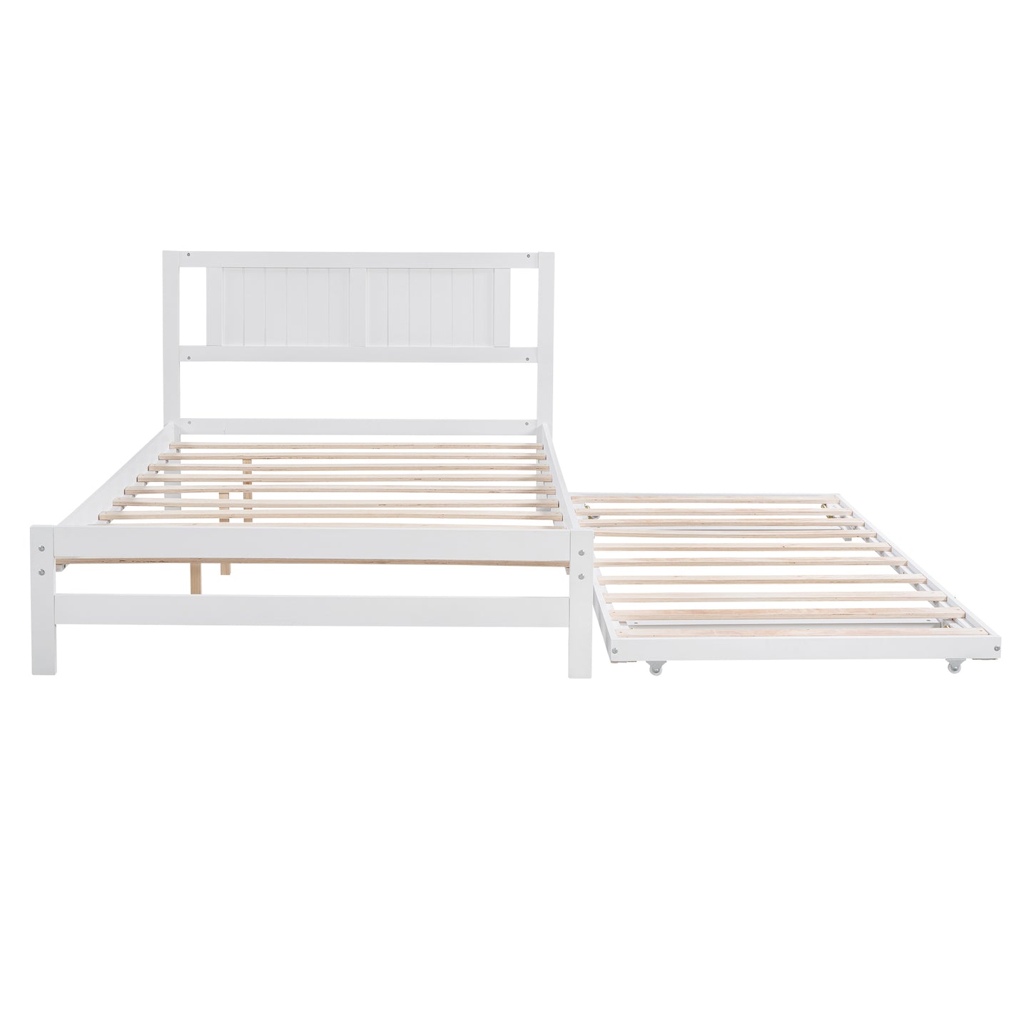 Full Size Platform Bed with Adjustable Trundle,White