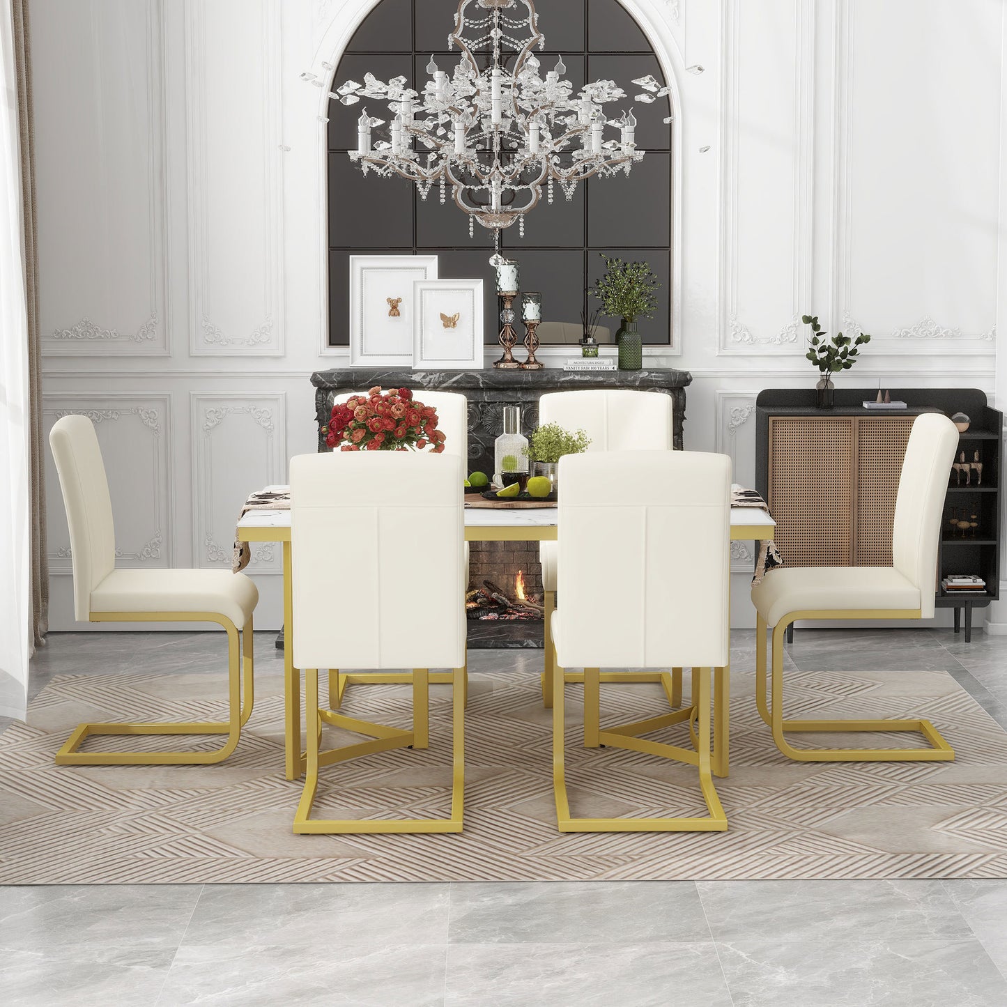 TREXM 7-Piece Modern Dining Table Set, Rectangular Marble Sticker Table and 6 PU Leather Chairs with Golden Steel Pipe Legs for Dining Room and Kitchen (White)