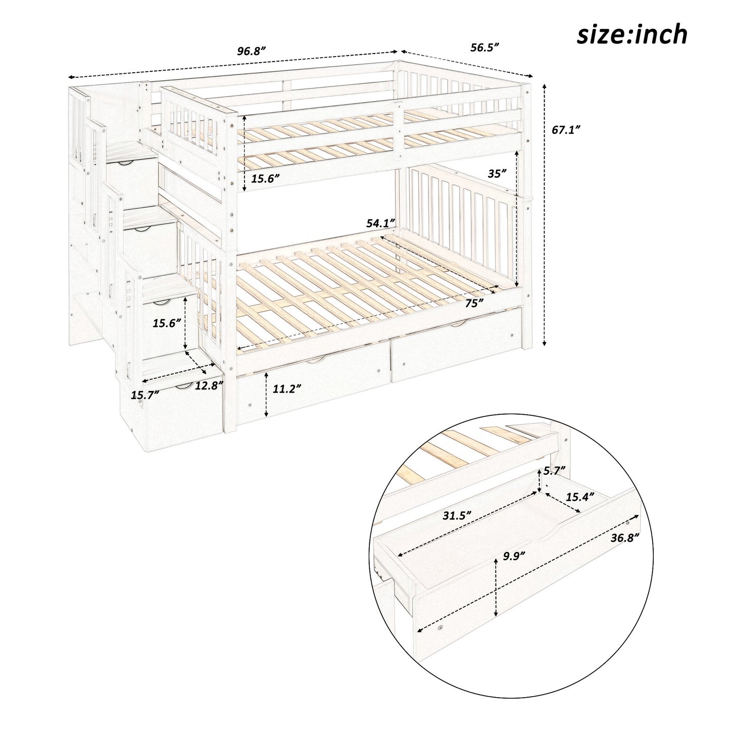 White Twin Over Twin Bunk Bed with Shelves and 6 Storage Drawers