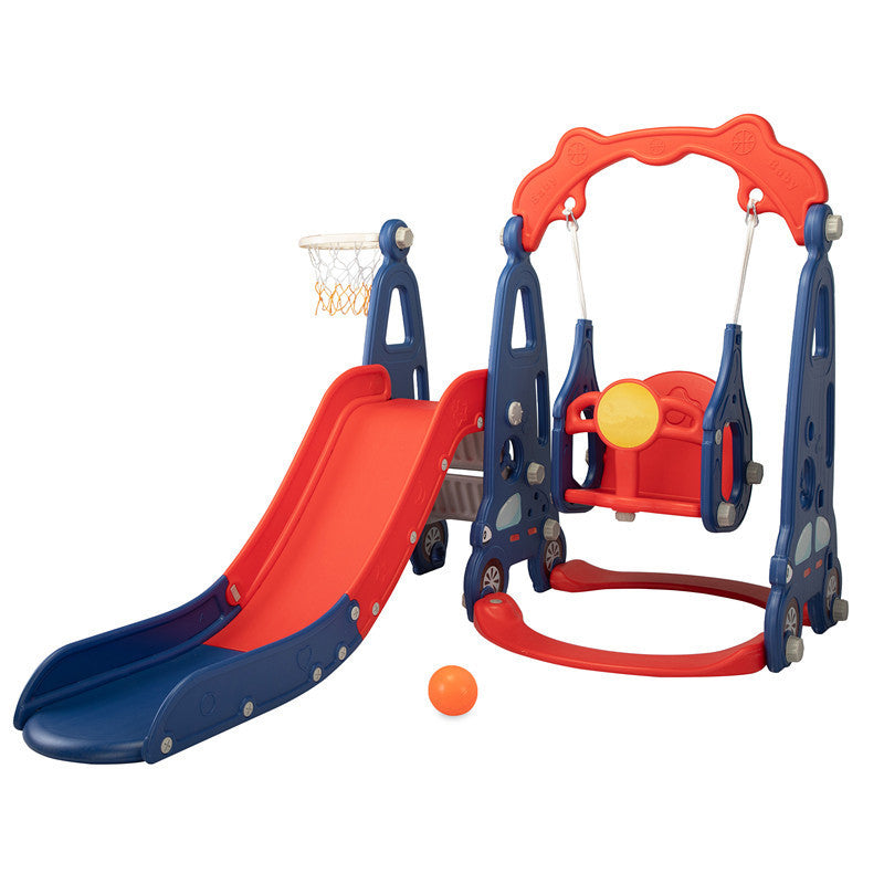 3-in-1 Slide and Swing Set with Basketball Hoop for Children 1-8 Years Old, Indoor/Outdoor, Red & Blue