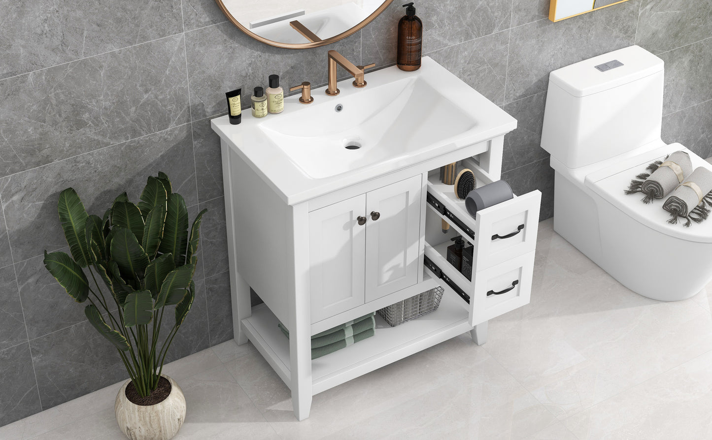 30" Bathroom Vanity with Ceramic Sink Top, Vanity Cabinet with Multi-Functional Drawer, Solid Wood Legs, White