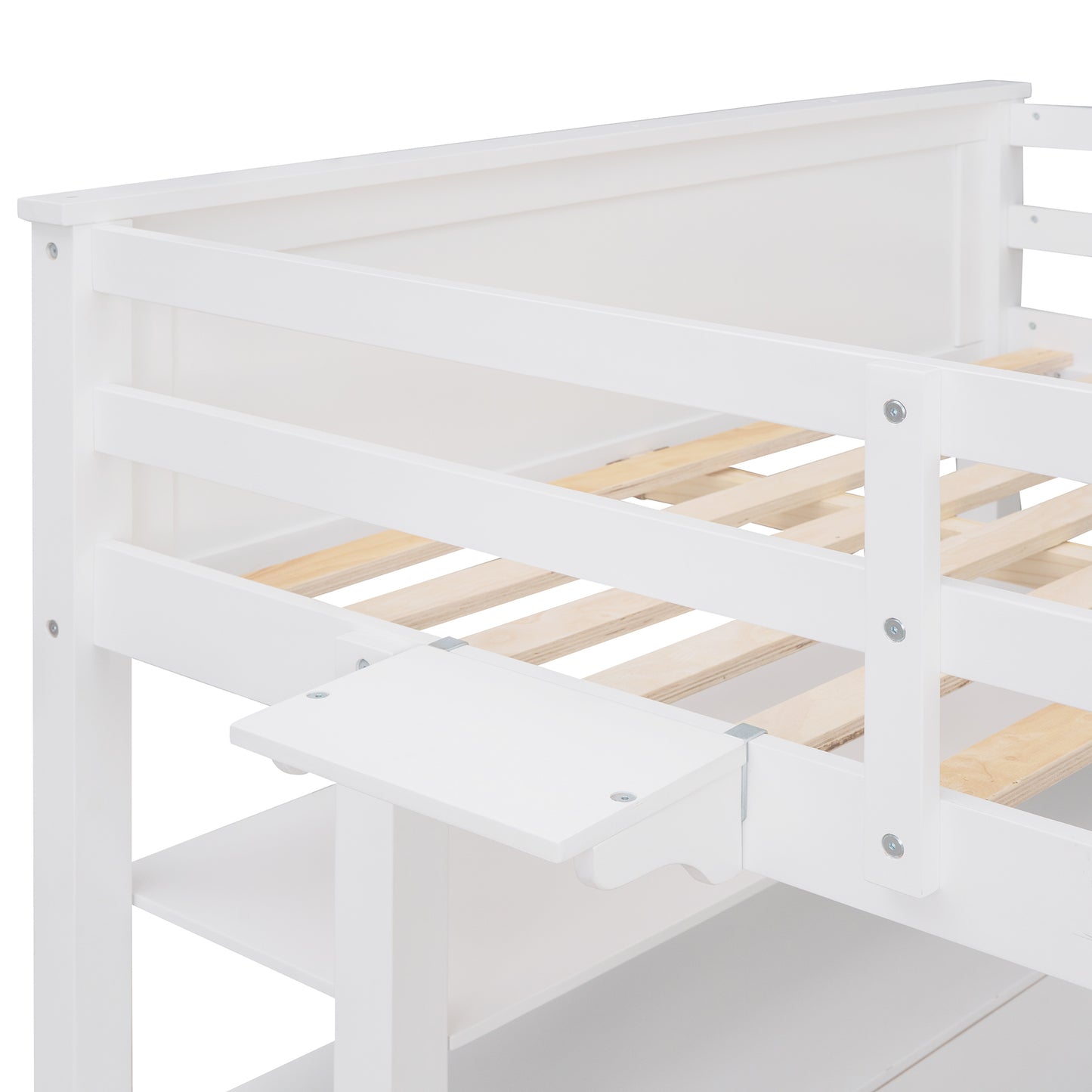 Full size Loft Bed with Drawers and Desk, Wooden Loft Bed with Shelves - White