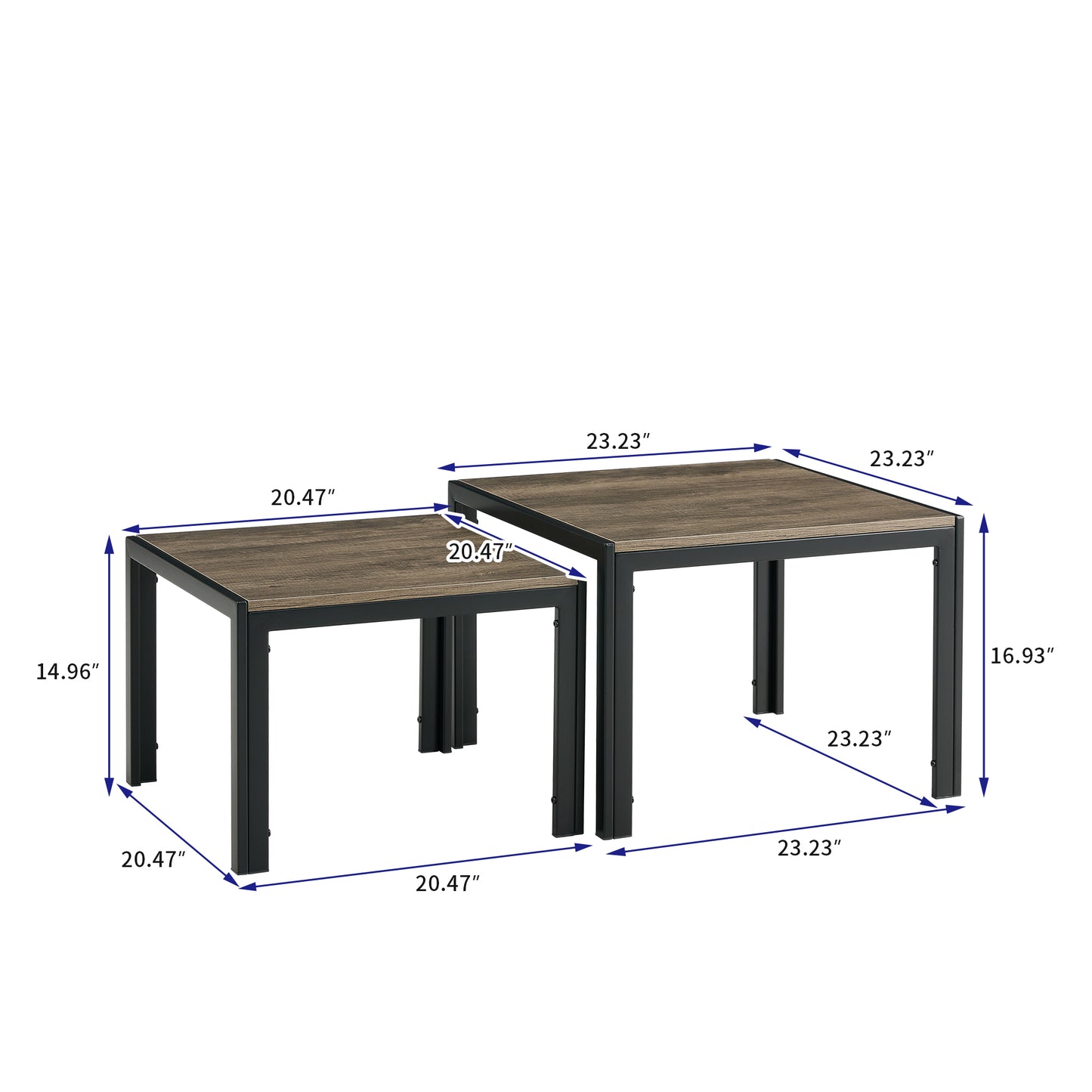 Oak Grey Modern Nesting Coffee Table Set of 2 with Tempered Glass Surface